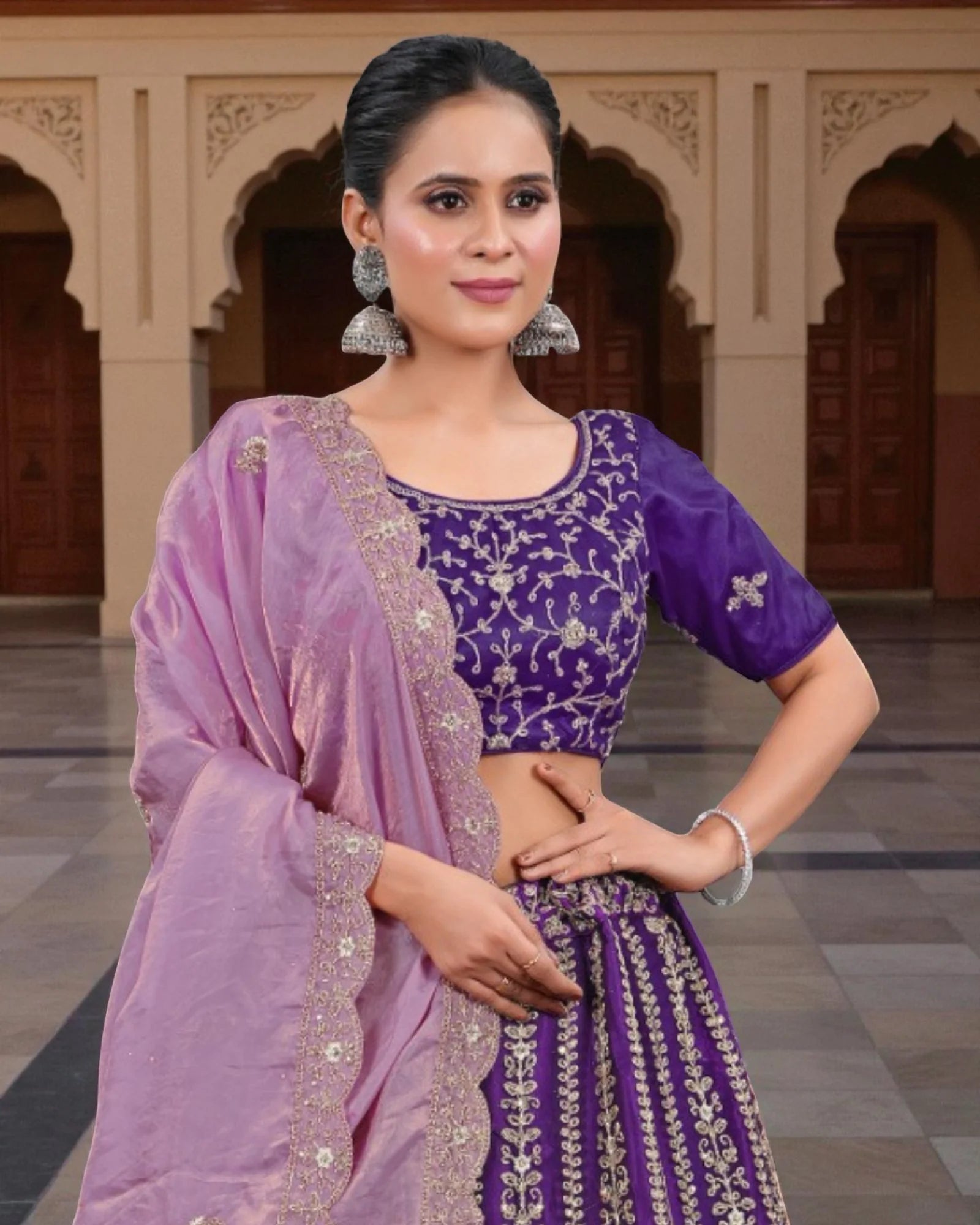 Purple Semi Stitched Lehenga Set