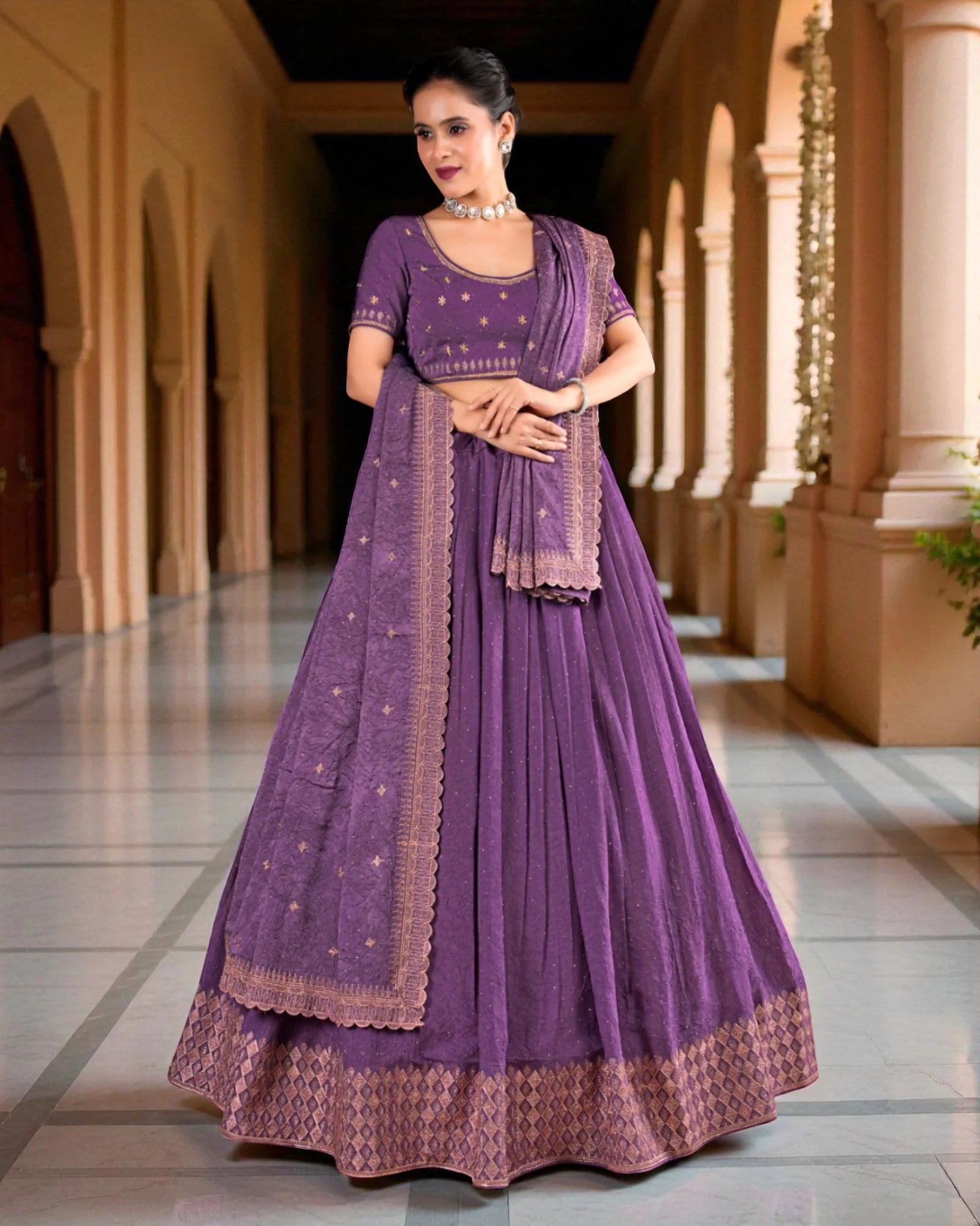 Dark Purple Georgette Embroidered Lehenga