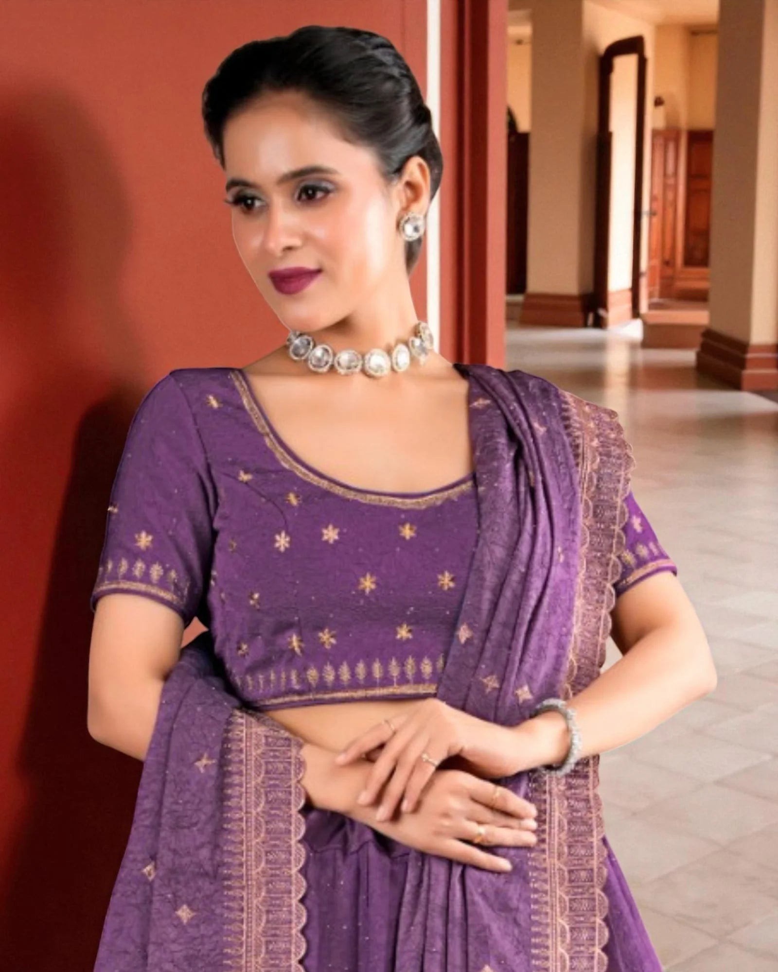 Dark Purple Georgette Embroidered Lehenga