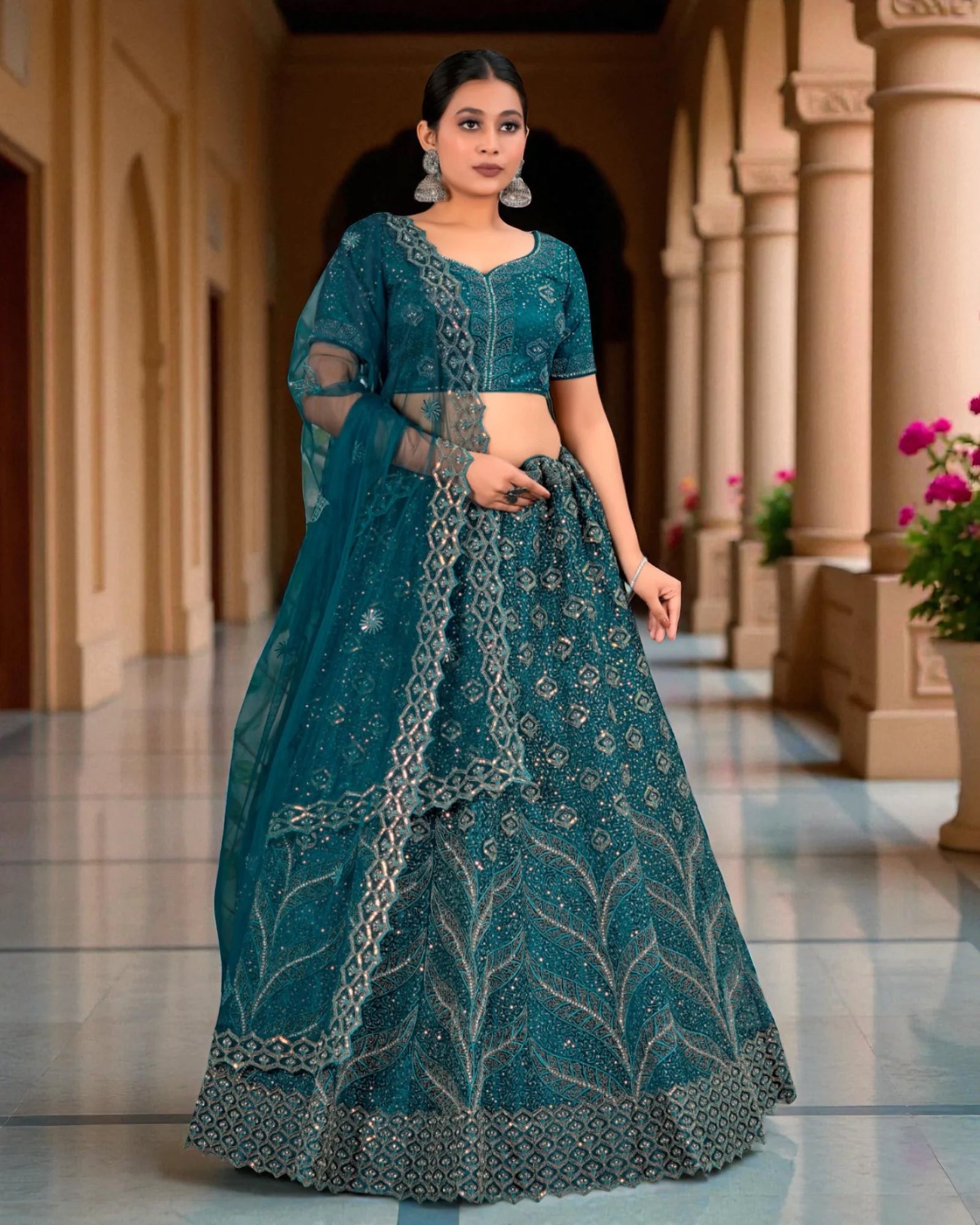 Green Beadwork Semi Stitched Lehenga Set