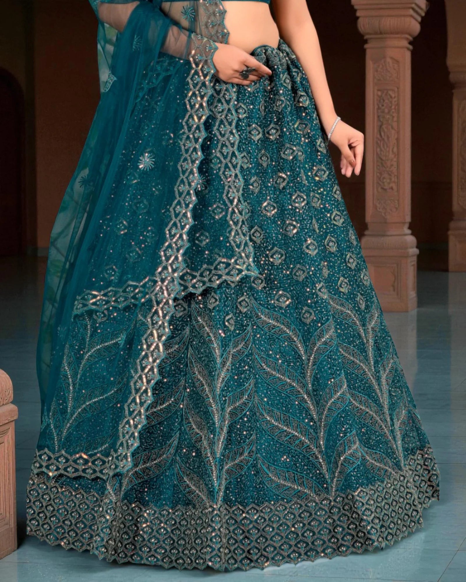 Green Beadwork Semi Stitched Lehenga Set