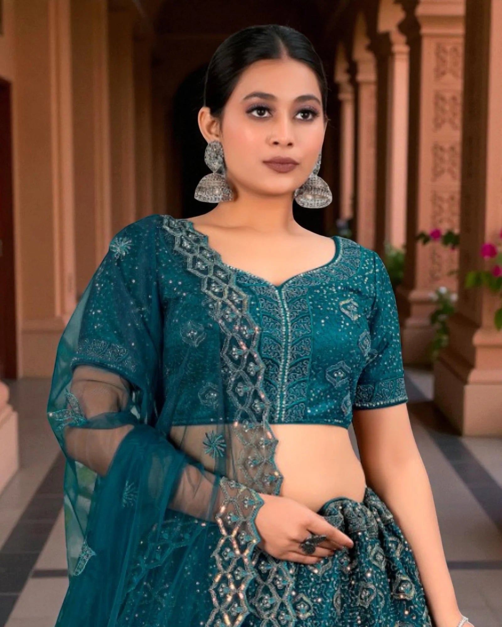 Green Beadwork Semi Stitched Lehenga Set