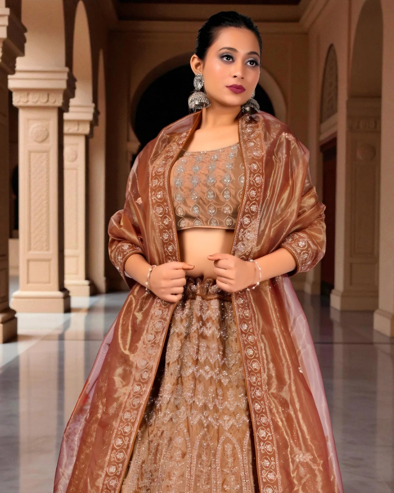 Rust Twill Net Artisan Embroidered Lehenga