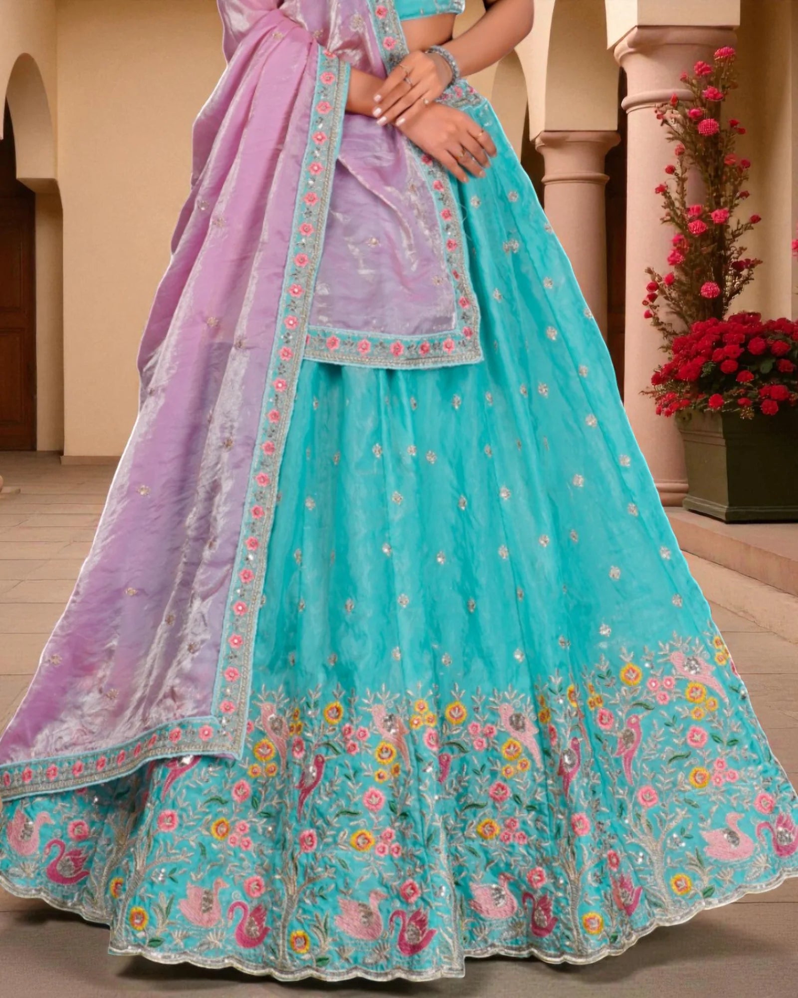 Green Sequined Thread Embroidered Lehenga Set