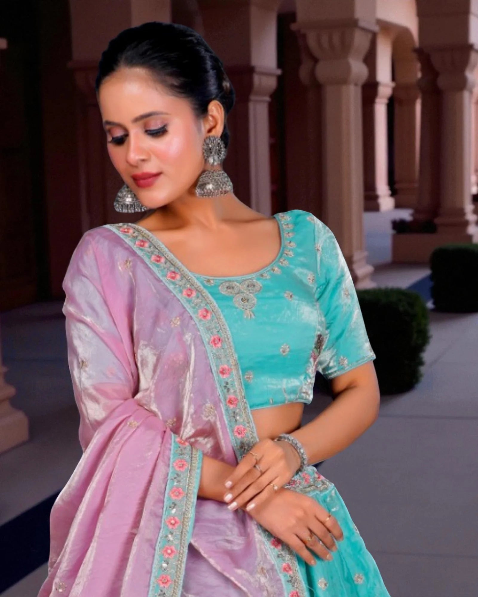 Green Sequined Thread Embroidered Lehenga Set