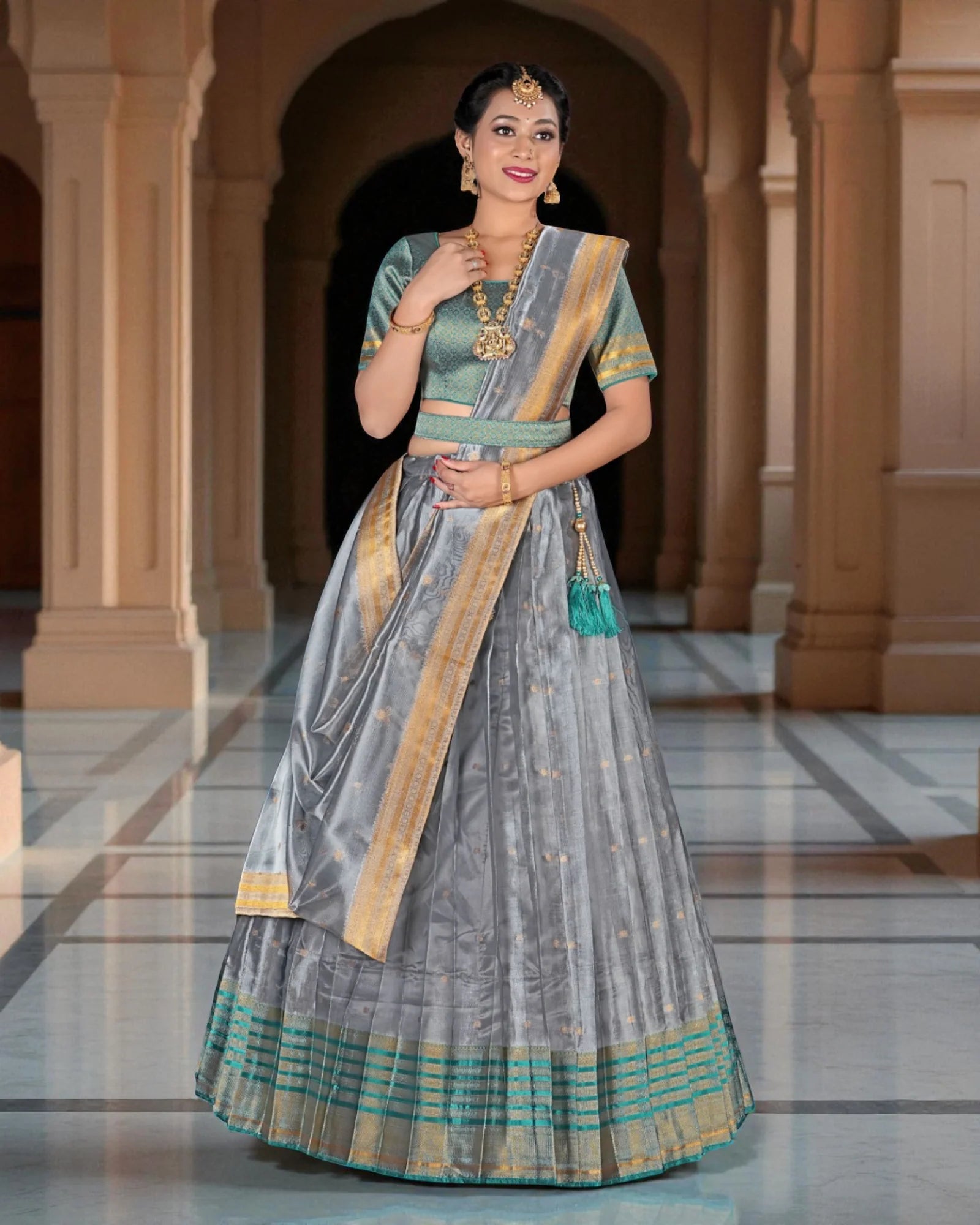 Silver Zari Embellished Half Saree