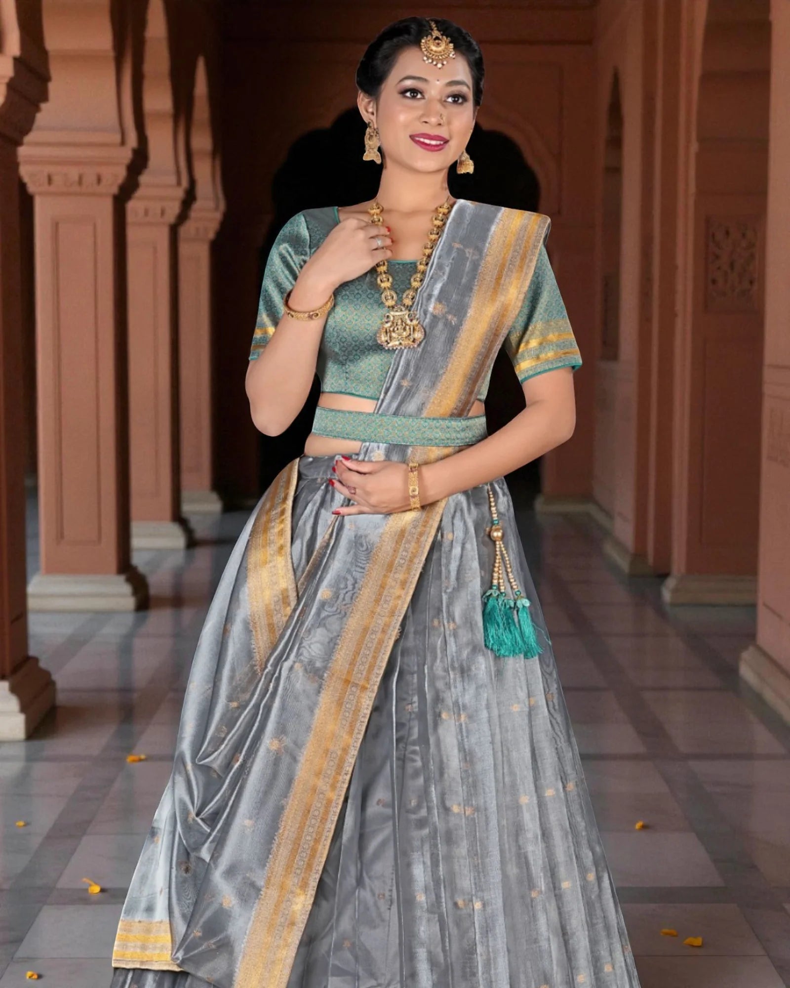Silver Zari Embellished Half Saree