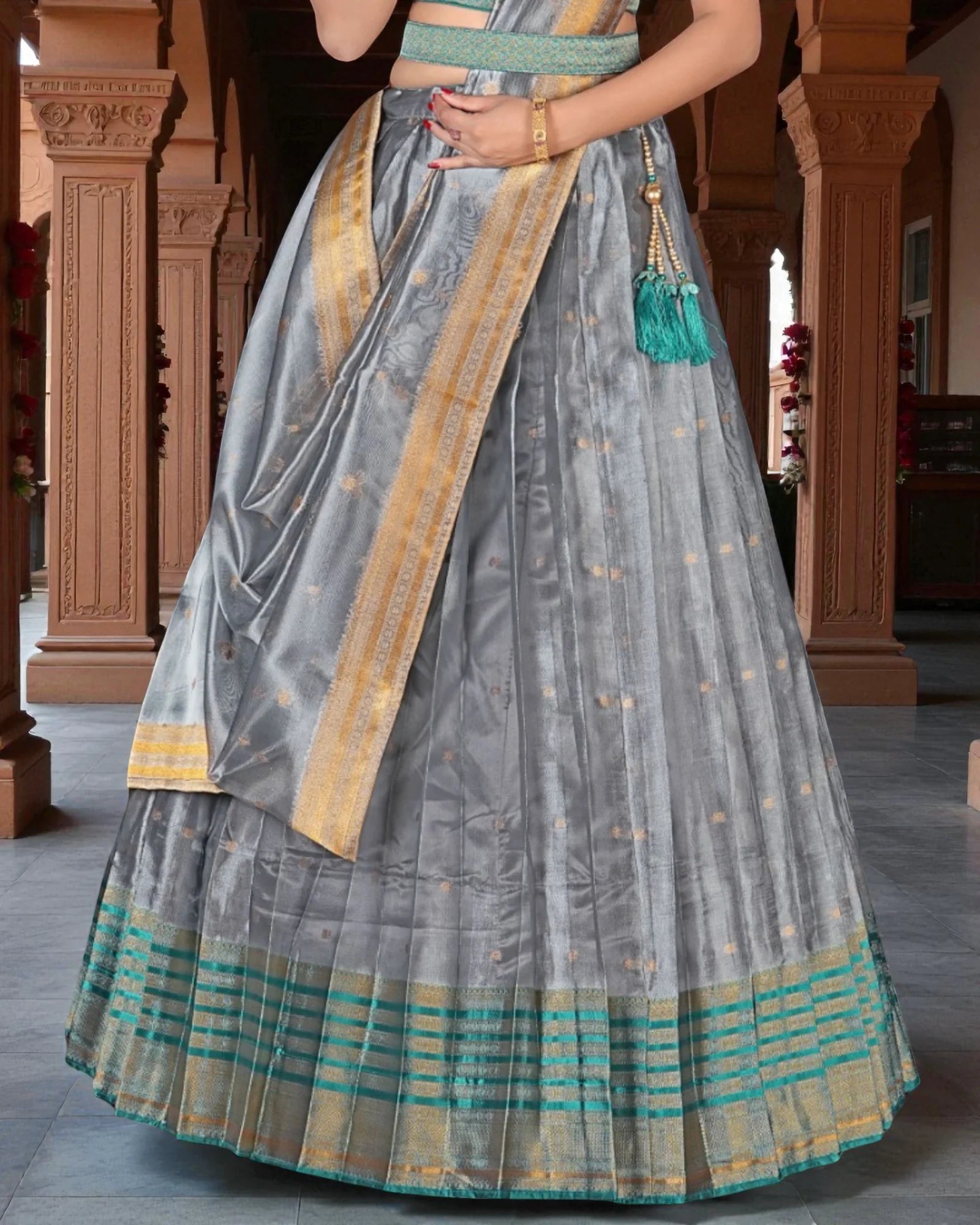 Silver Zari Embellished Half Saree