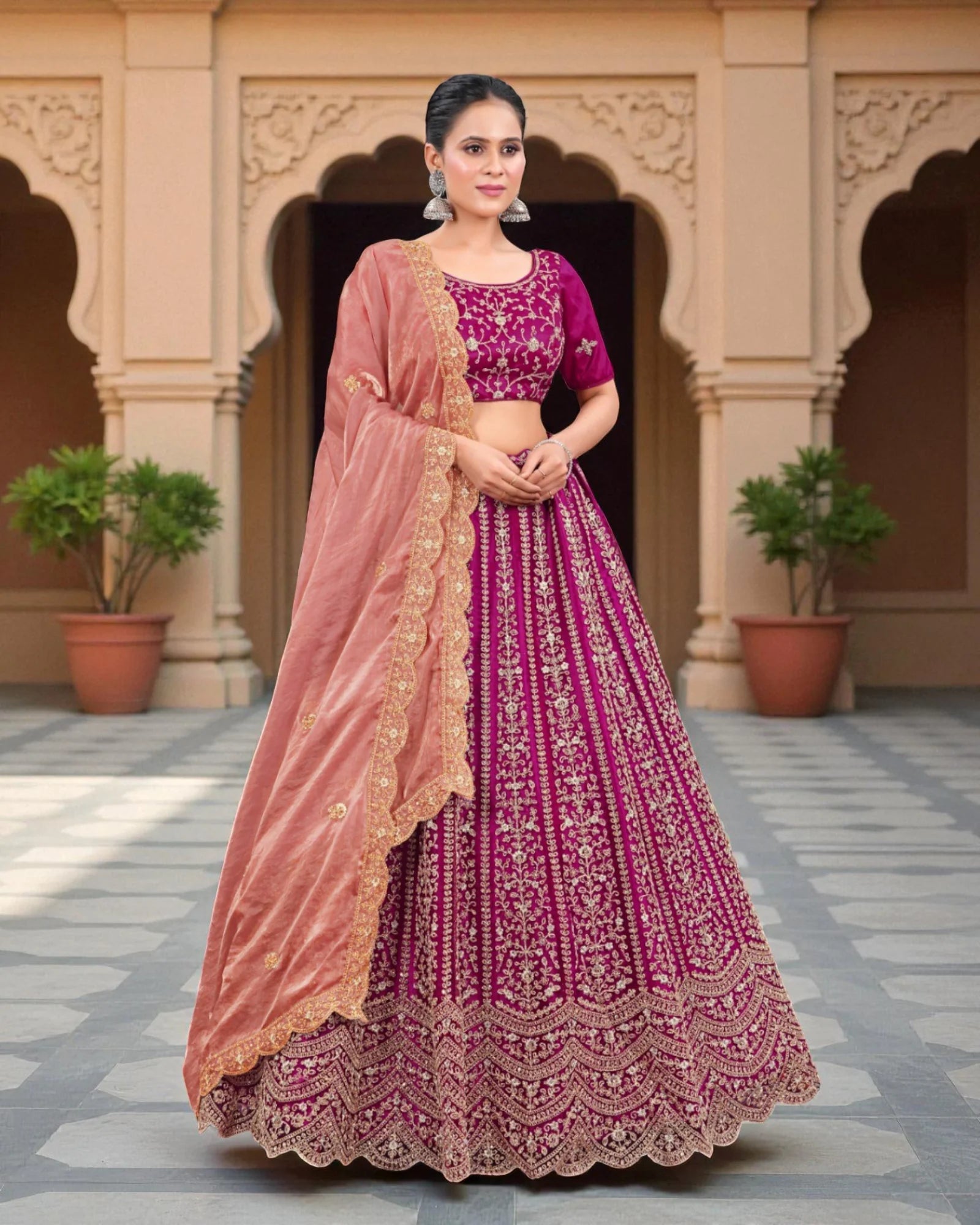 Thread Embroidered Semi Stitched Lehenga