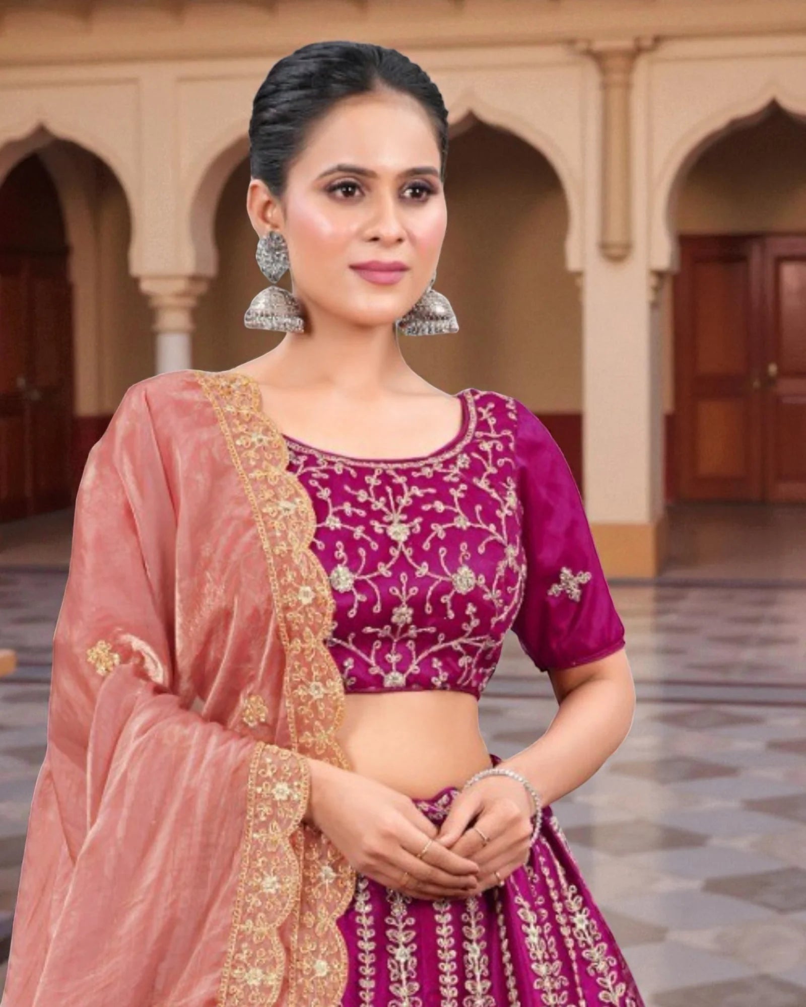 Thread Embroidered Semi Stitched Lehenga