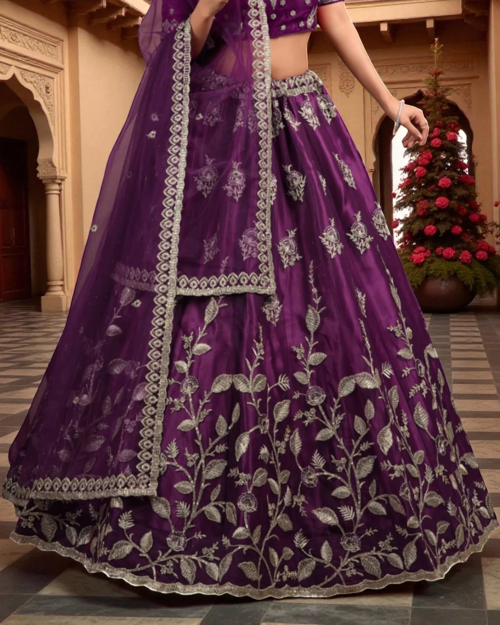 Wine Silk Embroidered Lehenga Set
