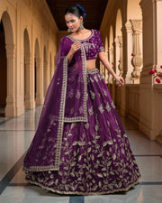 Wine Silk Embroidered Lehenga Set