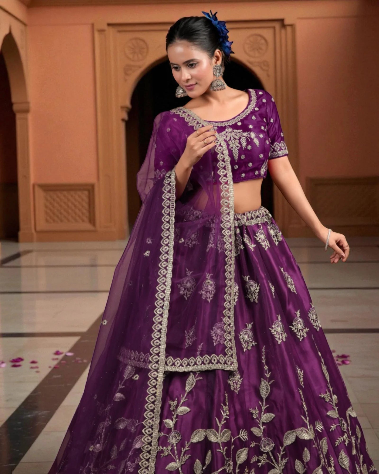 Wine Silk Embroidered Lehenga Set