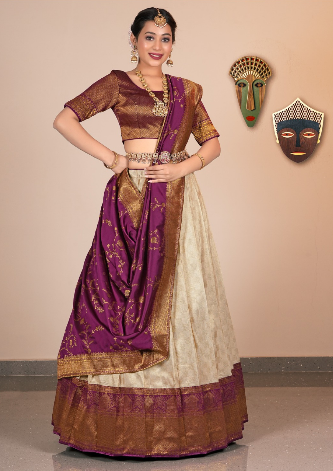 Beige Banarasi Half Saree With Elegant Charm