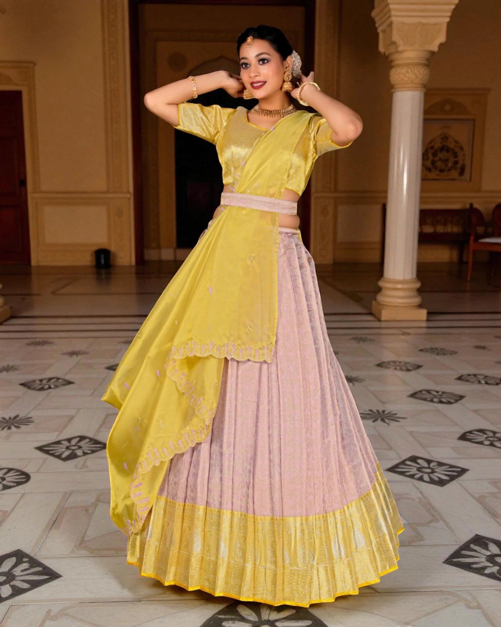 Baby Pink Half Saree with Intricate Zari Work