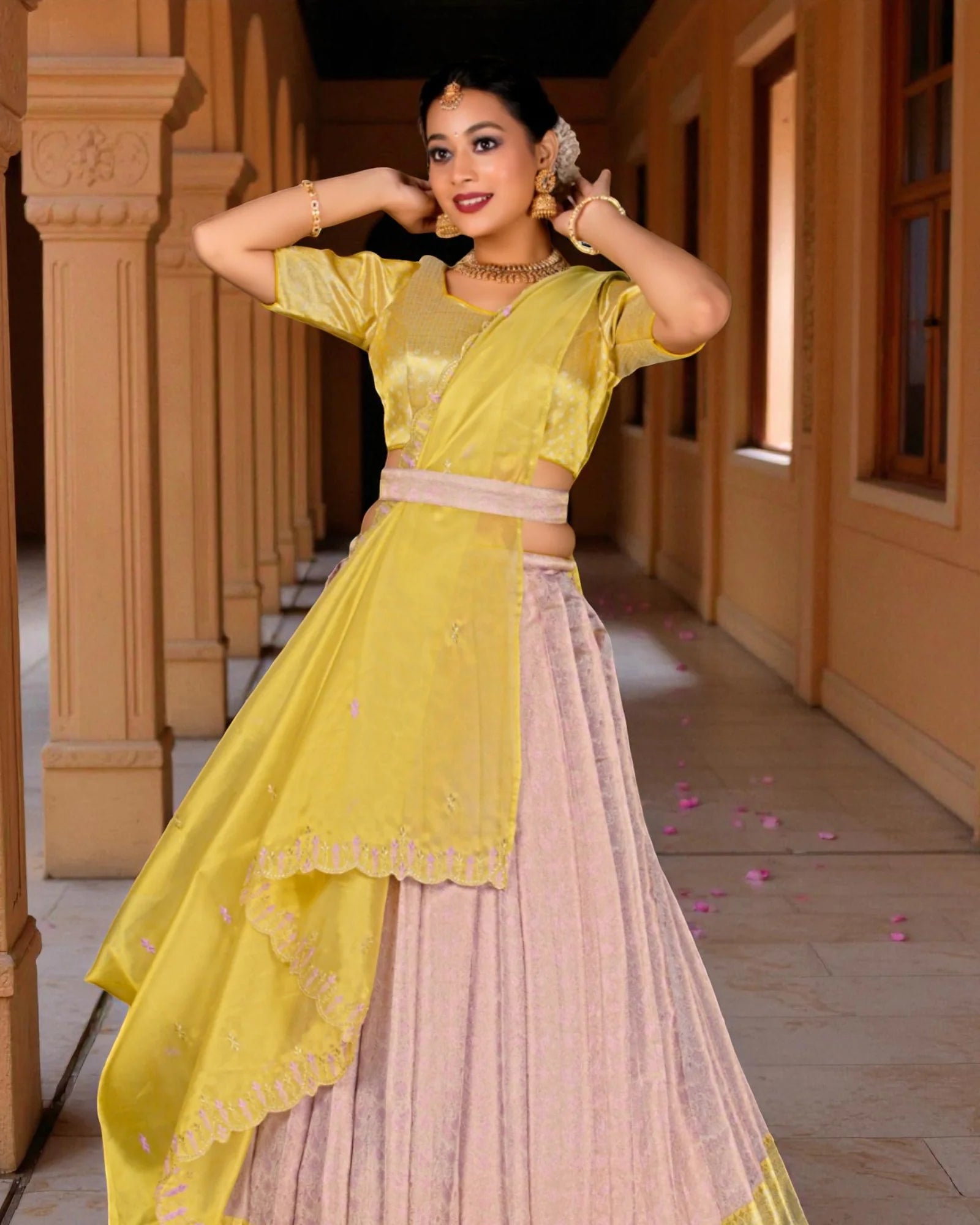 Baby Pink Half Saree with Intricate Zari Work