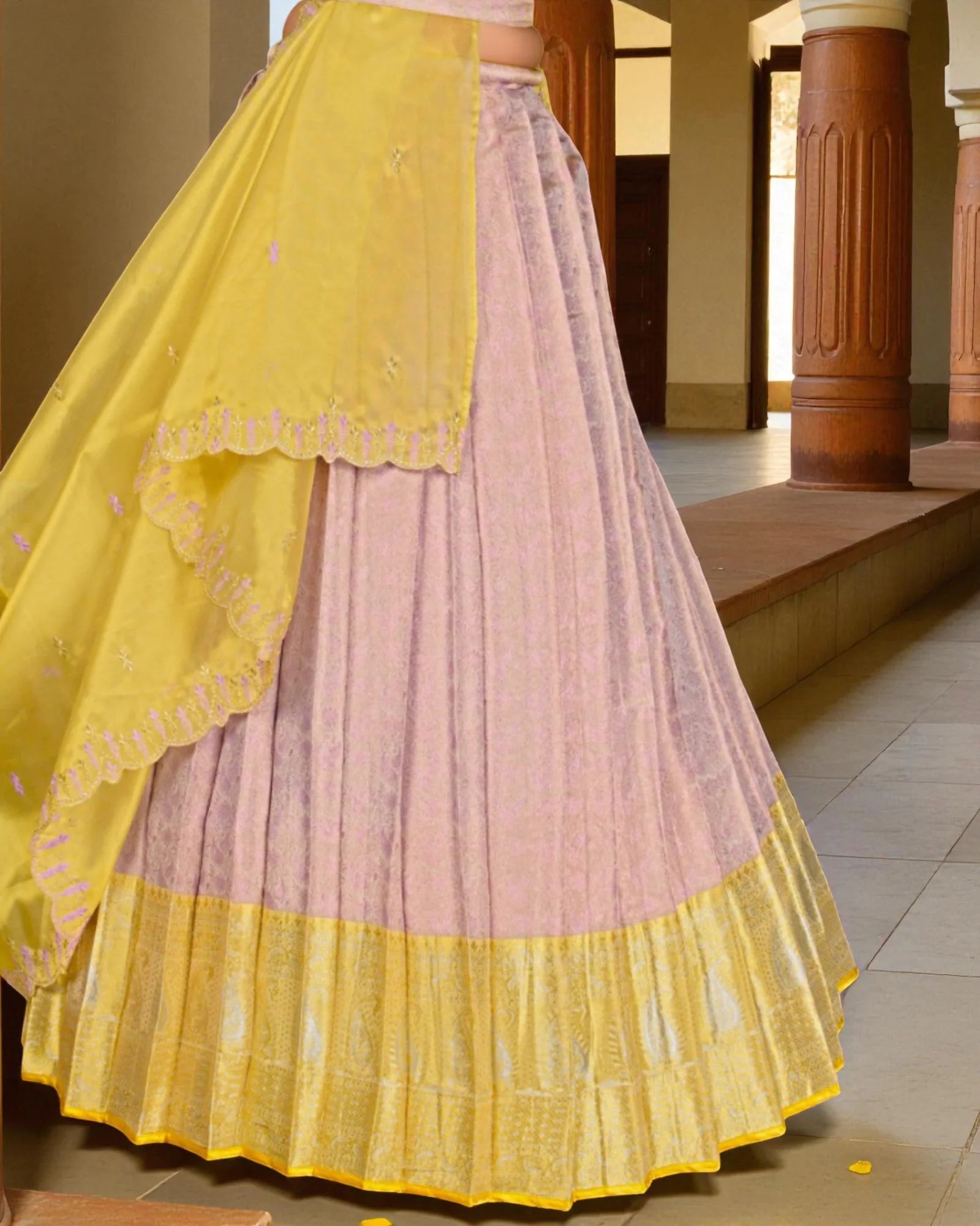 Baby Pink Half Saree with Intricate Zari Work