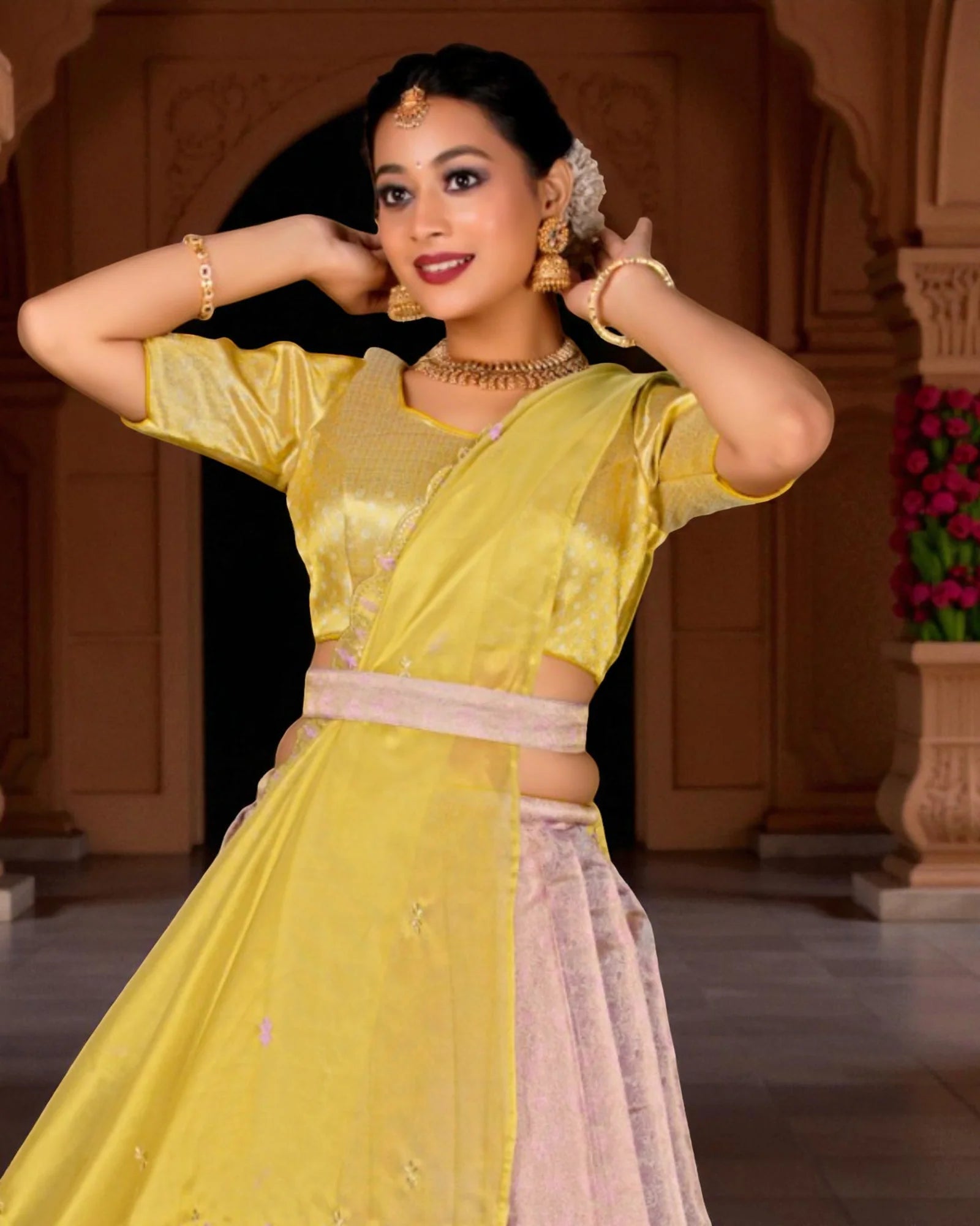 Baby Pink Half Saree with Intricate Zari Work