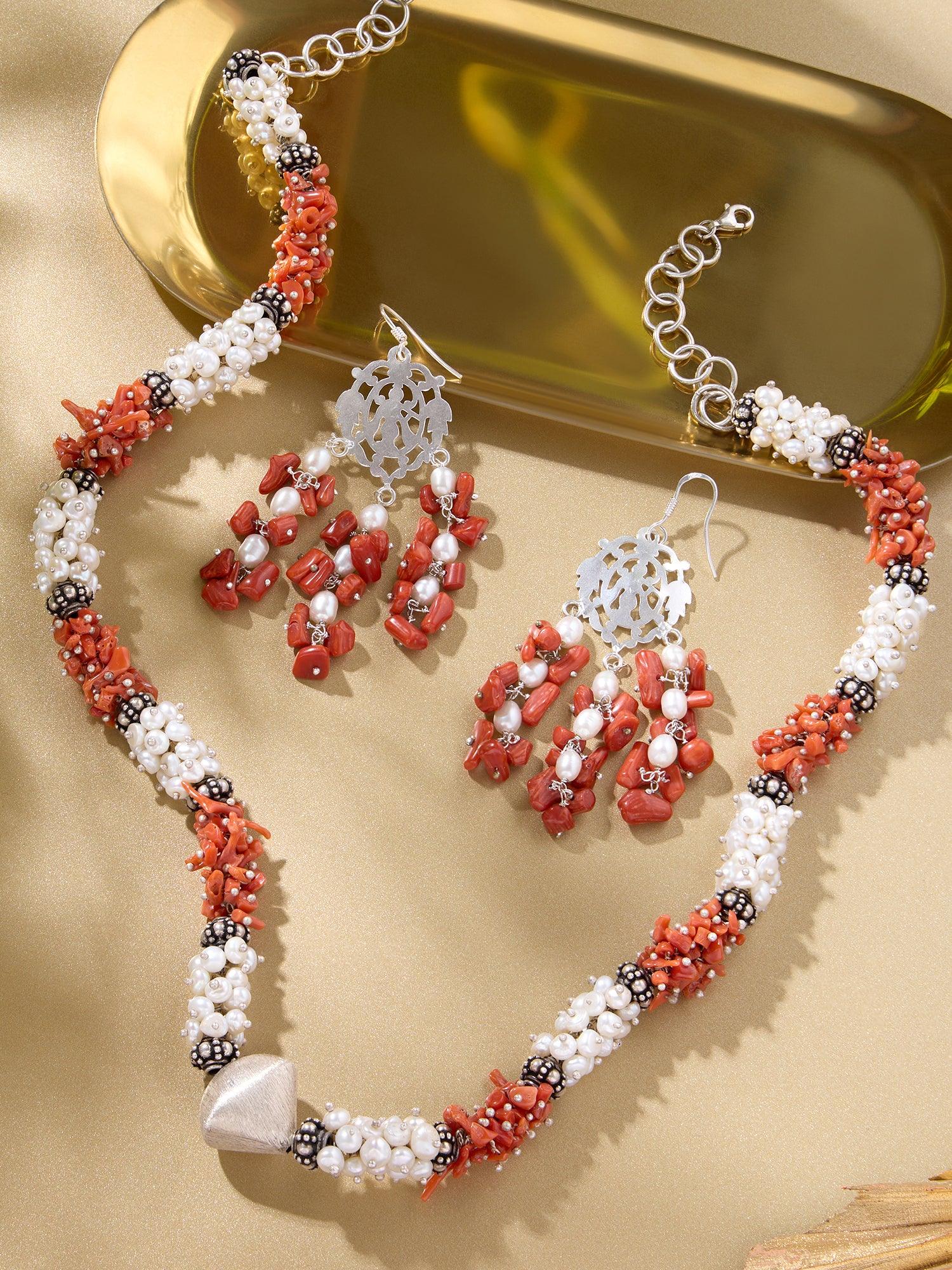 Natural Beauty Coral and Pearl Danglers - Dyulokha