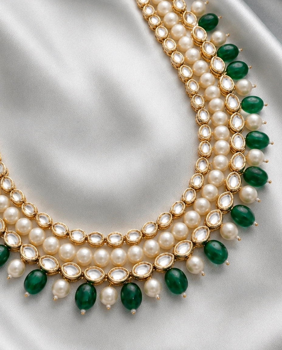 Kundan Emerald Pearls Long Necklace