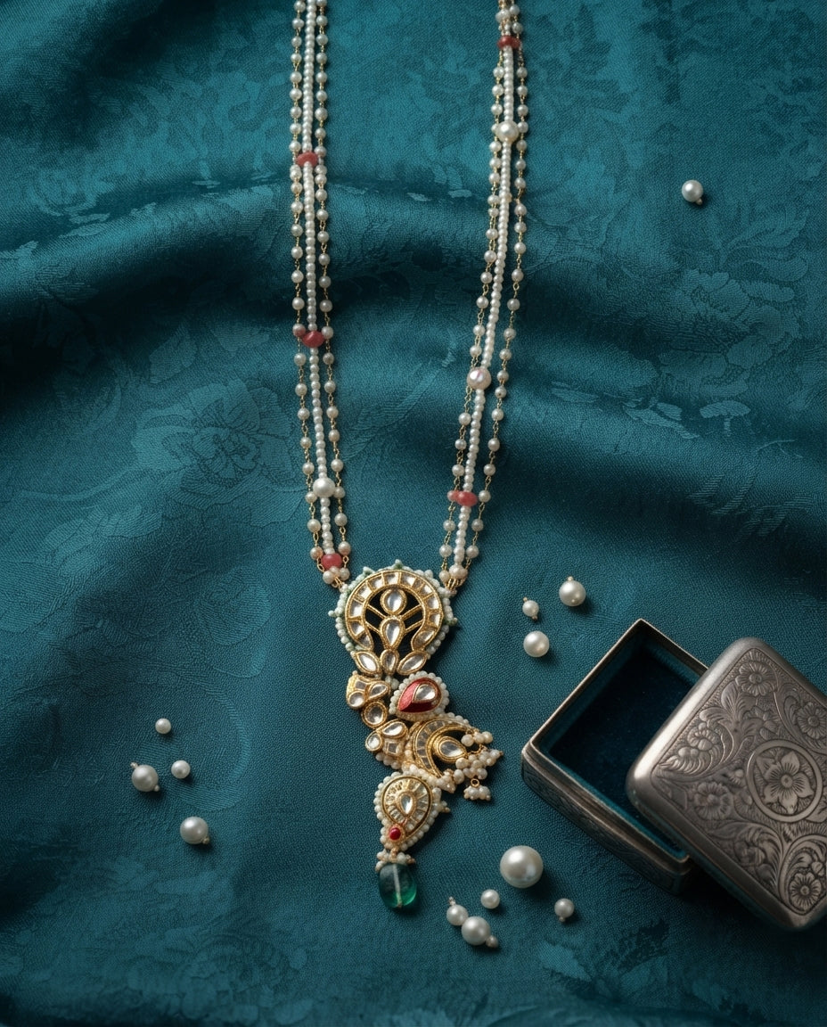 Pearl Necklace with Meenakari Barium Asymmetric Pendant