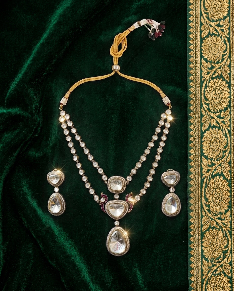 Gleaming Polki Double Layer Necklace Set