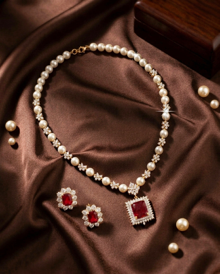 Crimson Onyx Pearl Necklace Set