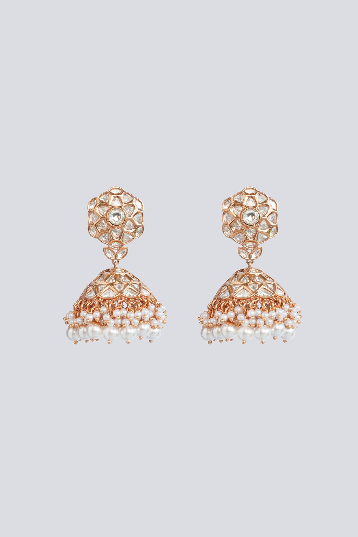 Classic Gold Jhumka Earrings with White Kundan and Pearls