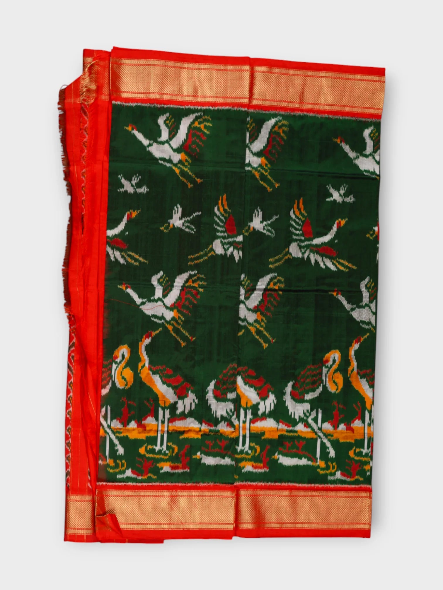 Bottle Green Pochampally Silk Animal Print Saree