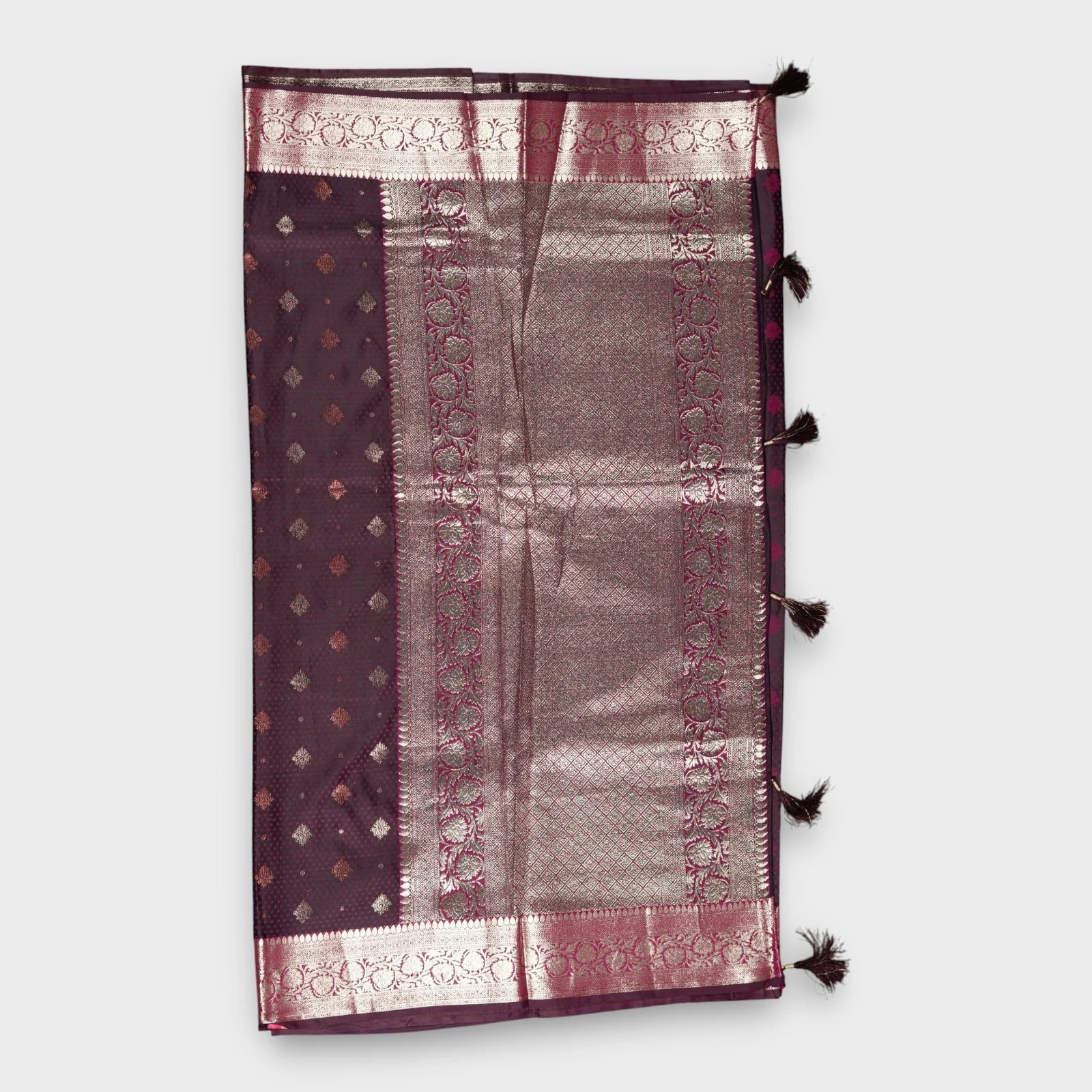 Deep Burgandy Silk Saree with Copper Zari Accents