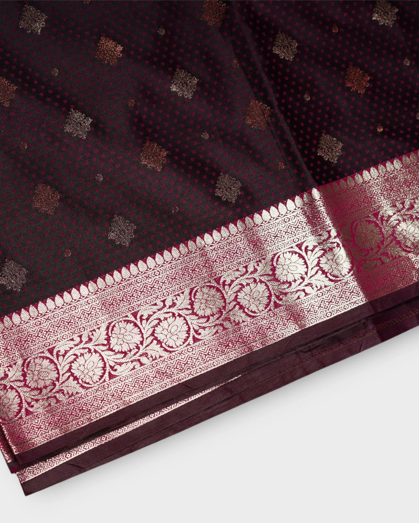 Deep Burgandy Silk Saree with Copper Zari Accents