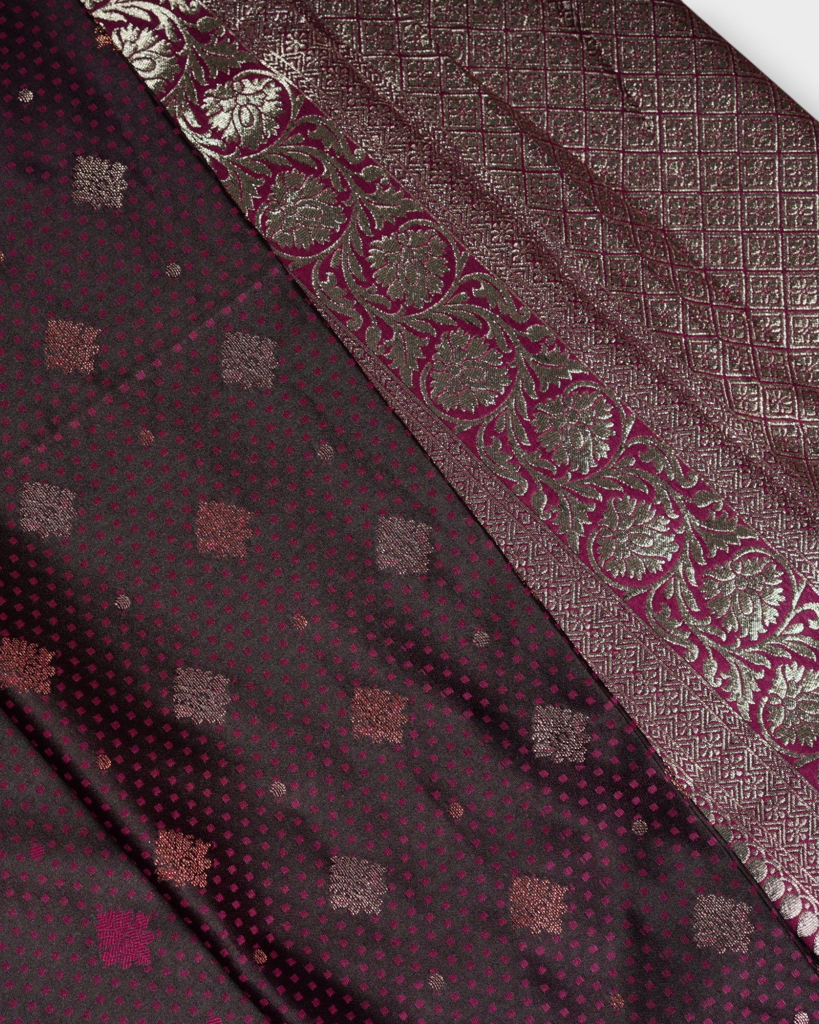 Deep Burgandy Silk Saree with Copper Zari Accents