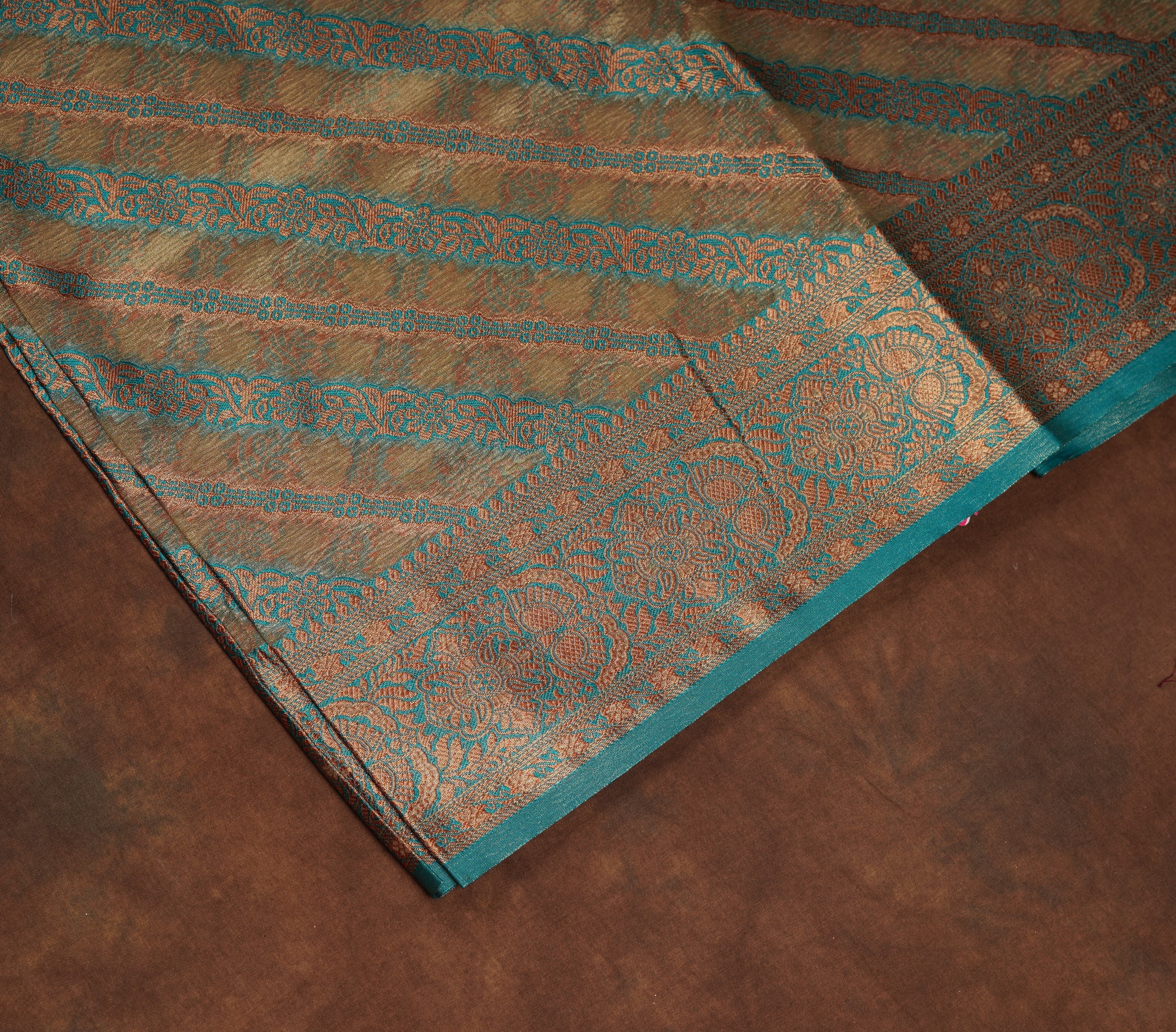 Blue Tissue Silk Saree With Striped Detail