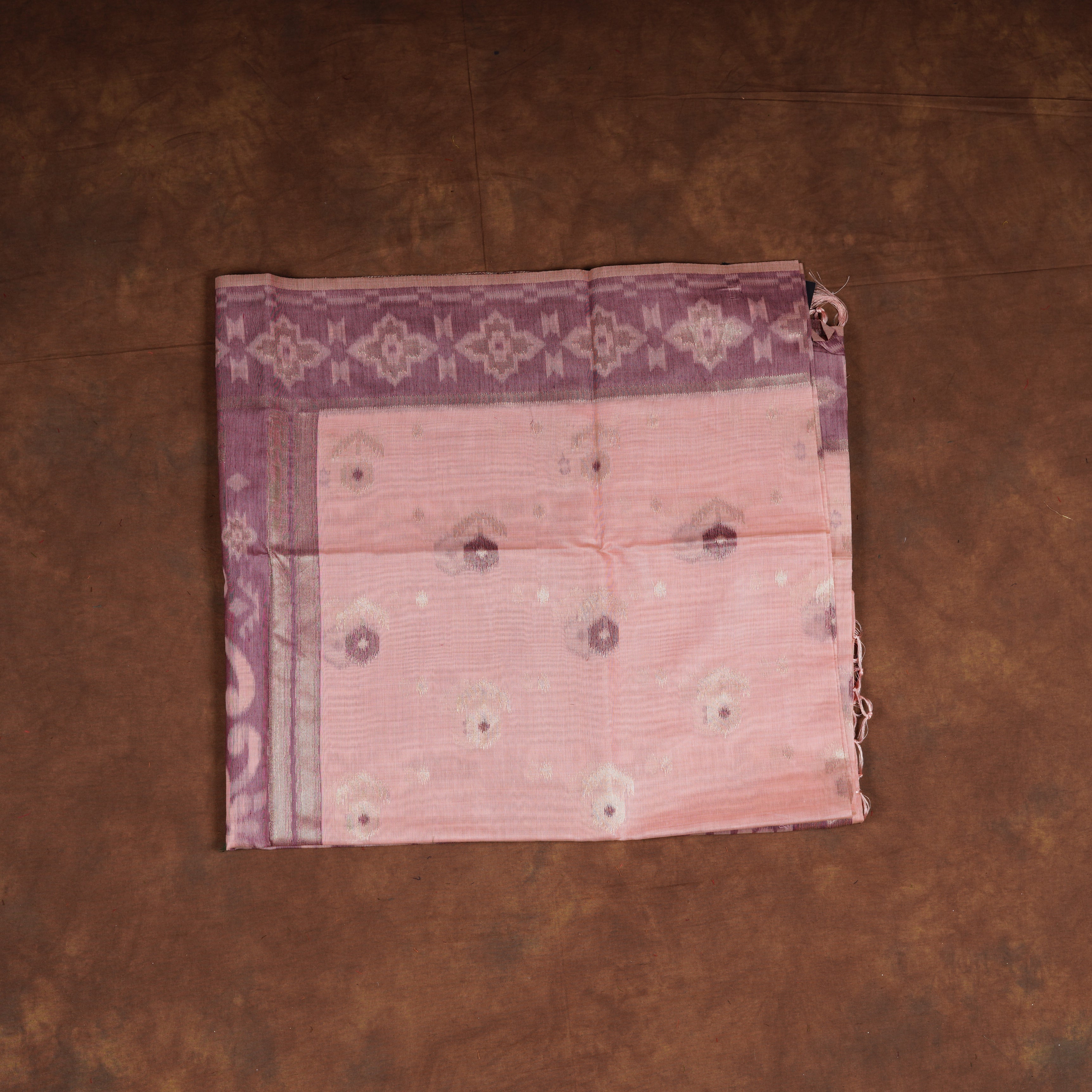Peach Floral Chanderi Saree With Gold Zari