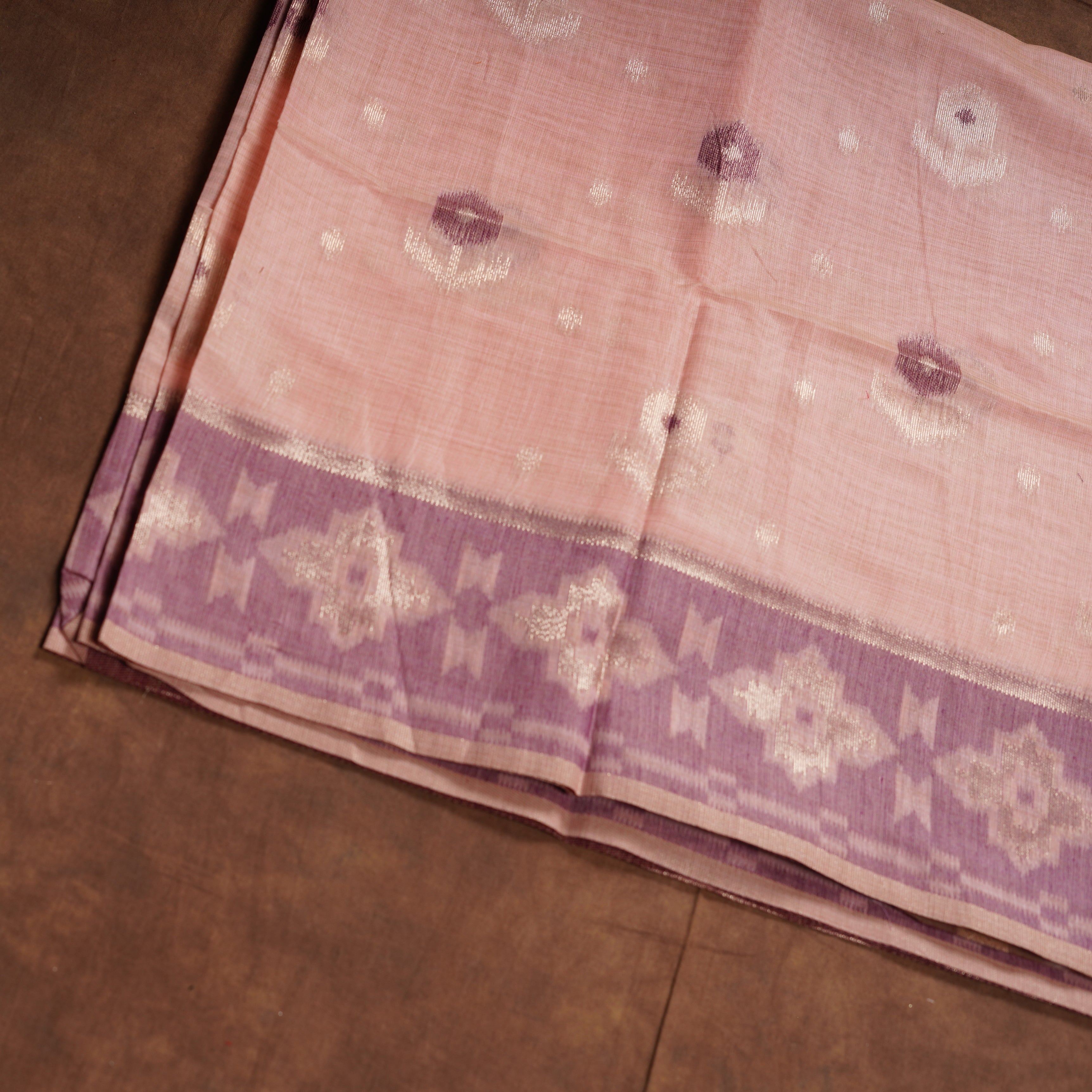 Peach Floral Chanderi Saree With Gold Zari