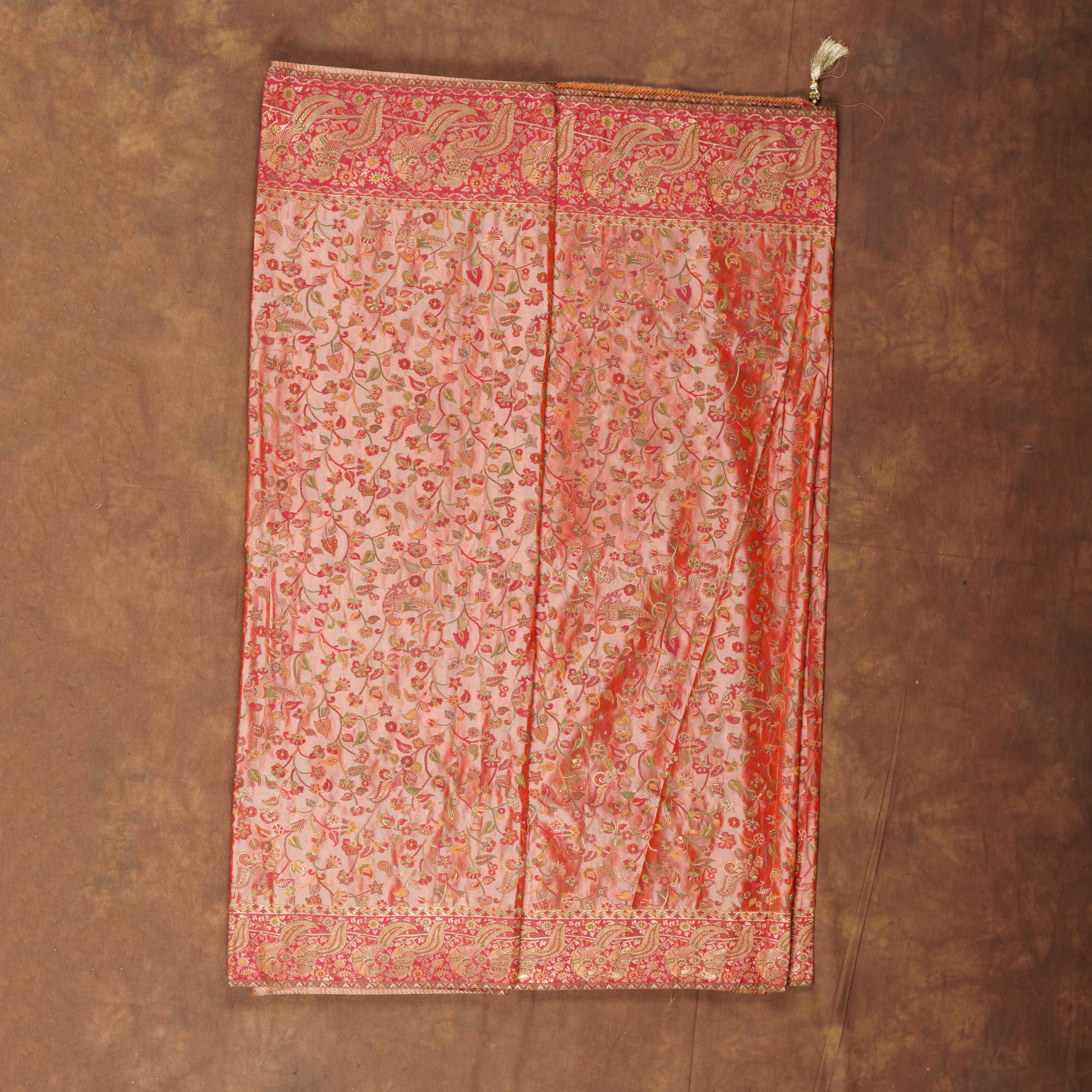Peach Dola Silk Saree With Peacock Pashmina Artistry