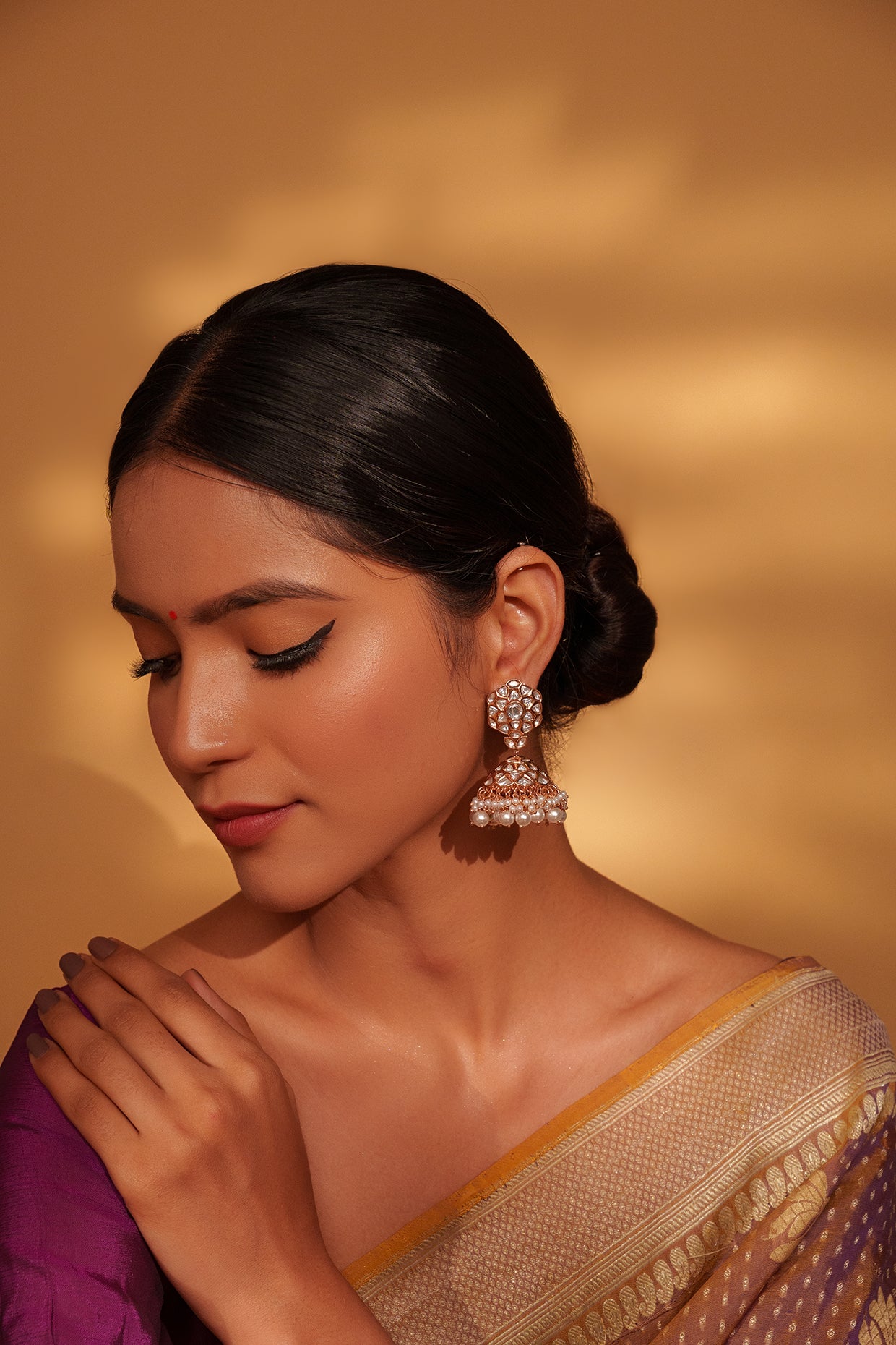 Classic Gold Jhumka Earrings with White Kundan and Pearls