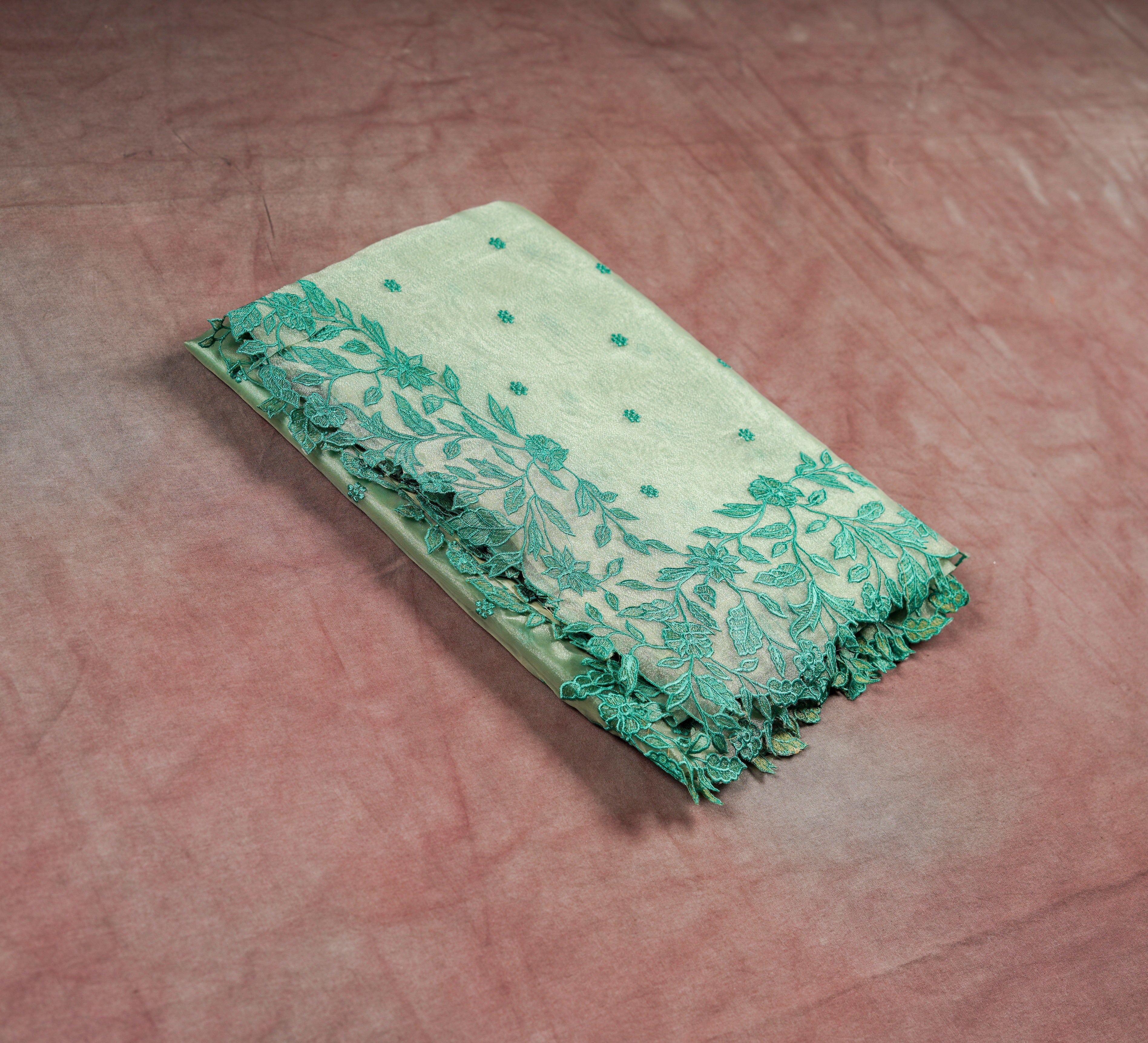 Chic Light Green Organza Silk Saree with Embroidery