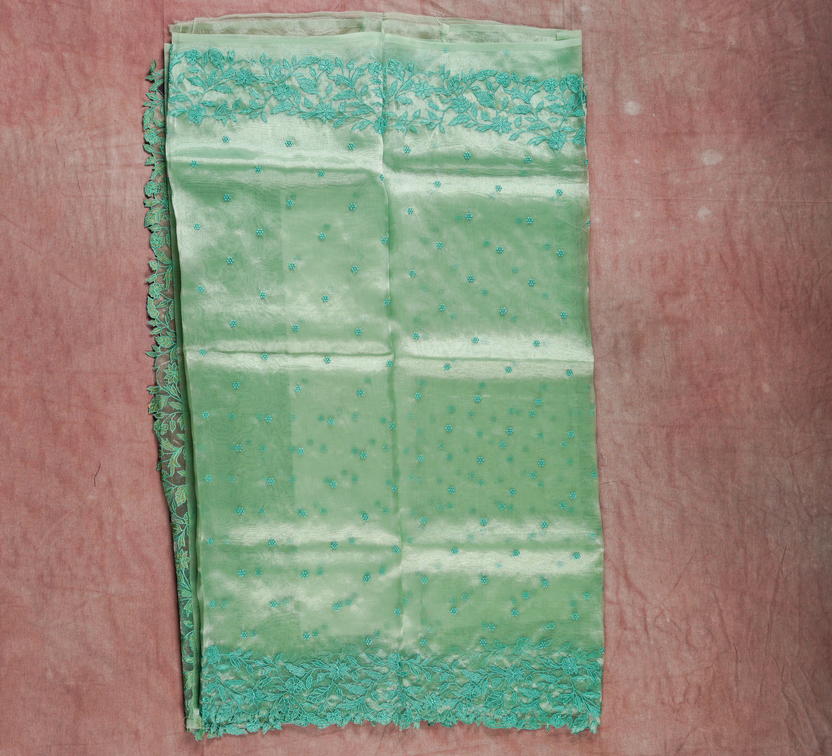 Chic Light Green Organza Silk Saree with Embroidery