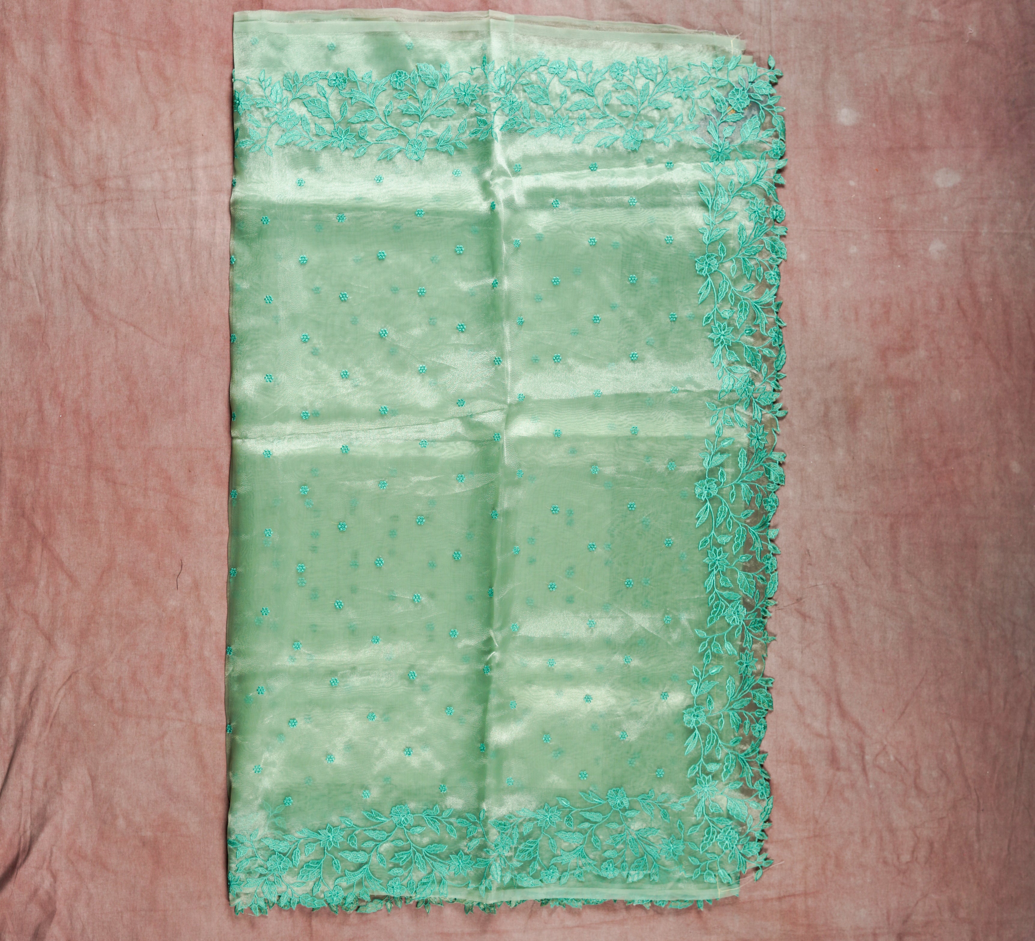 Chic Light Green Organza Silk Saree with Embroidery