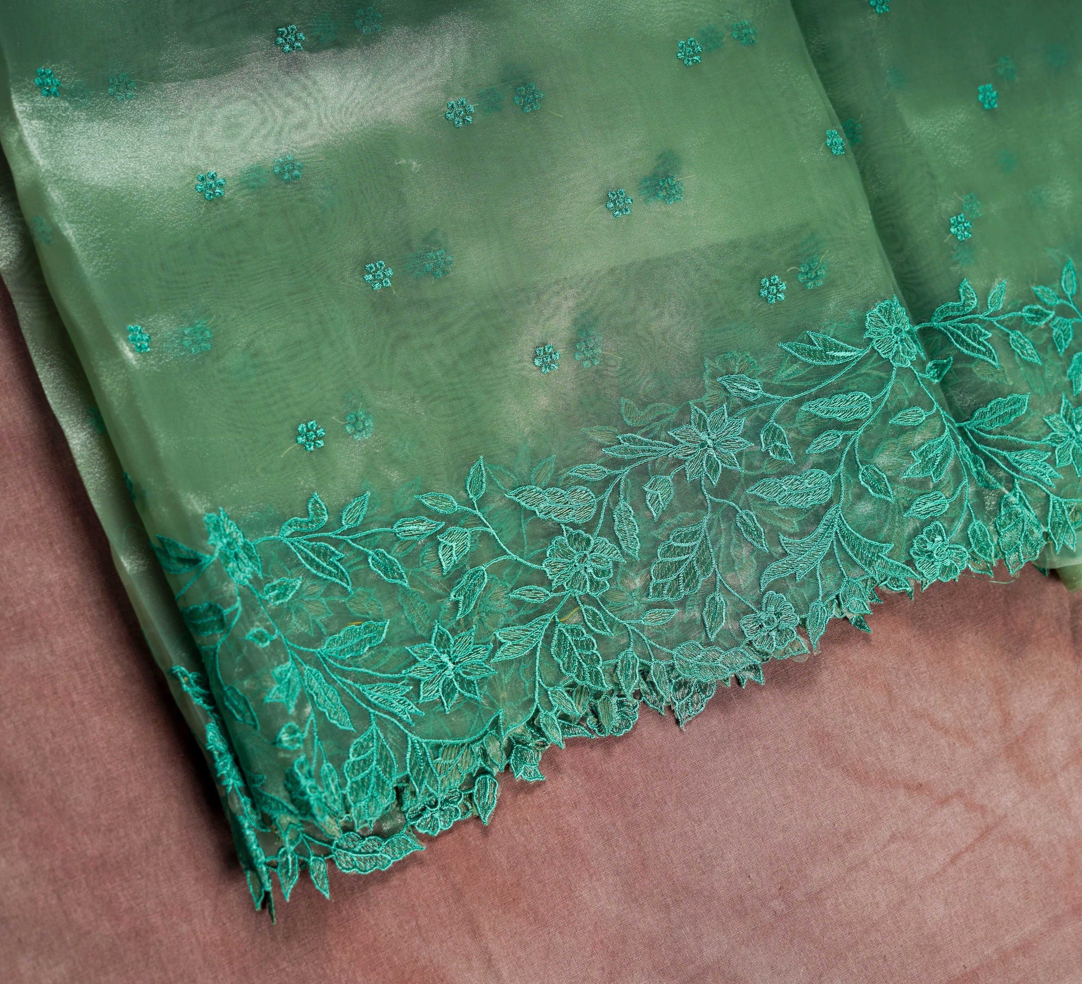 Chic Light Green Organza Silk Saree with Embroidery