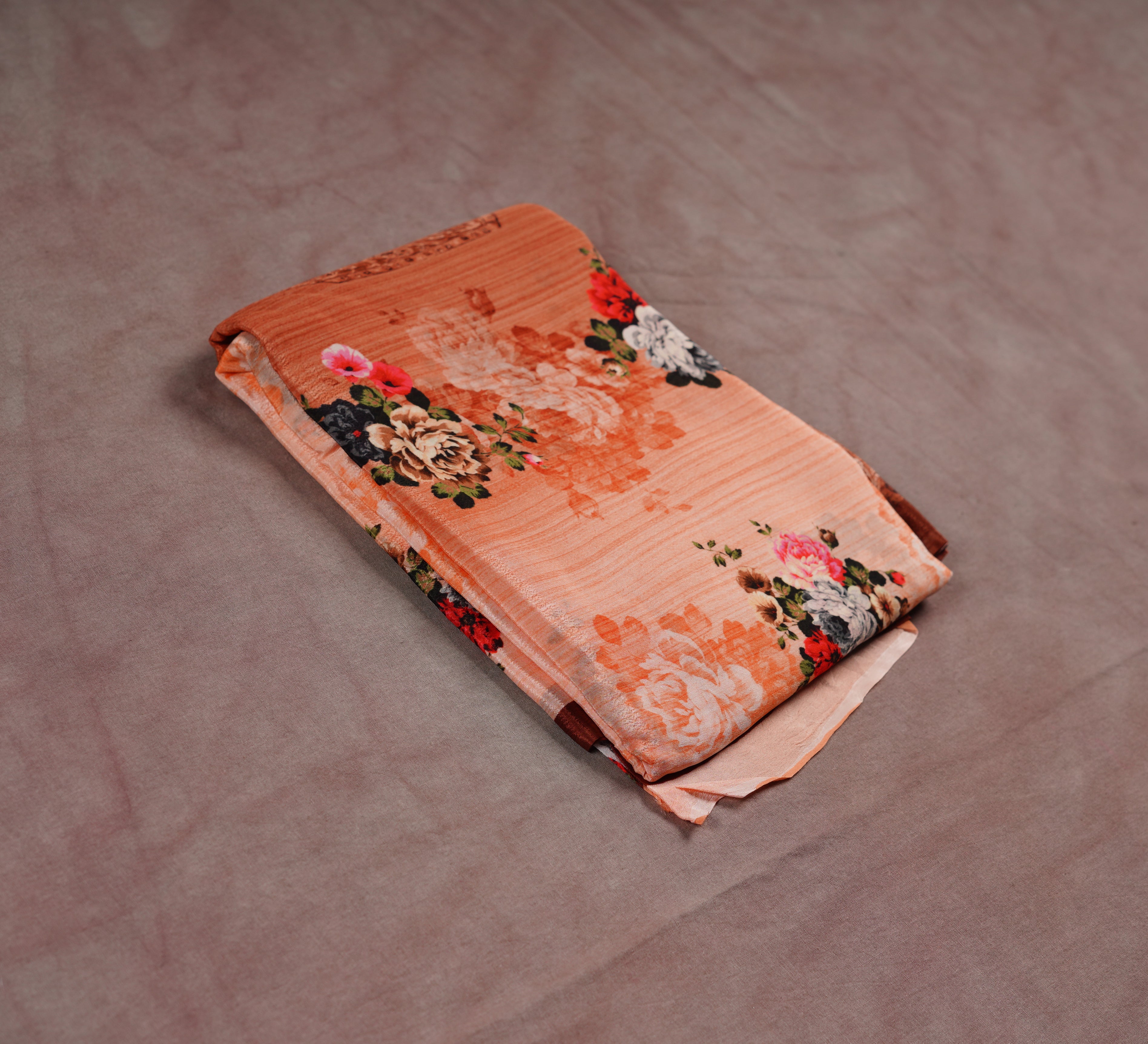 Heritage Blooms Handloom Brown Crepe Saree & Blouse
