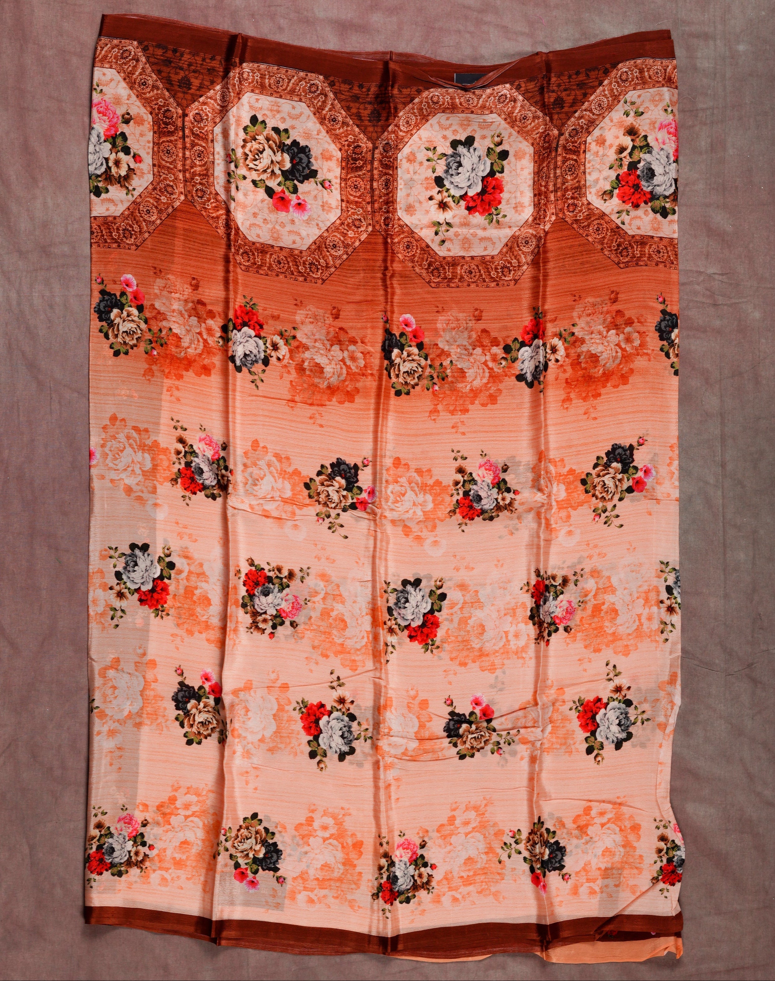 Heritage Blooms Handloom Brown Crepe Saree & Blouse