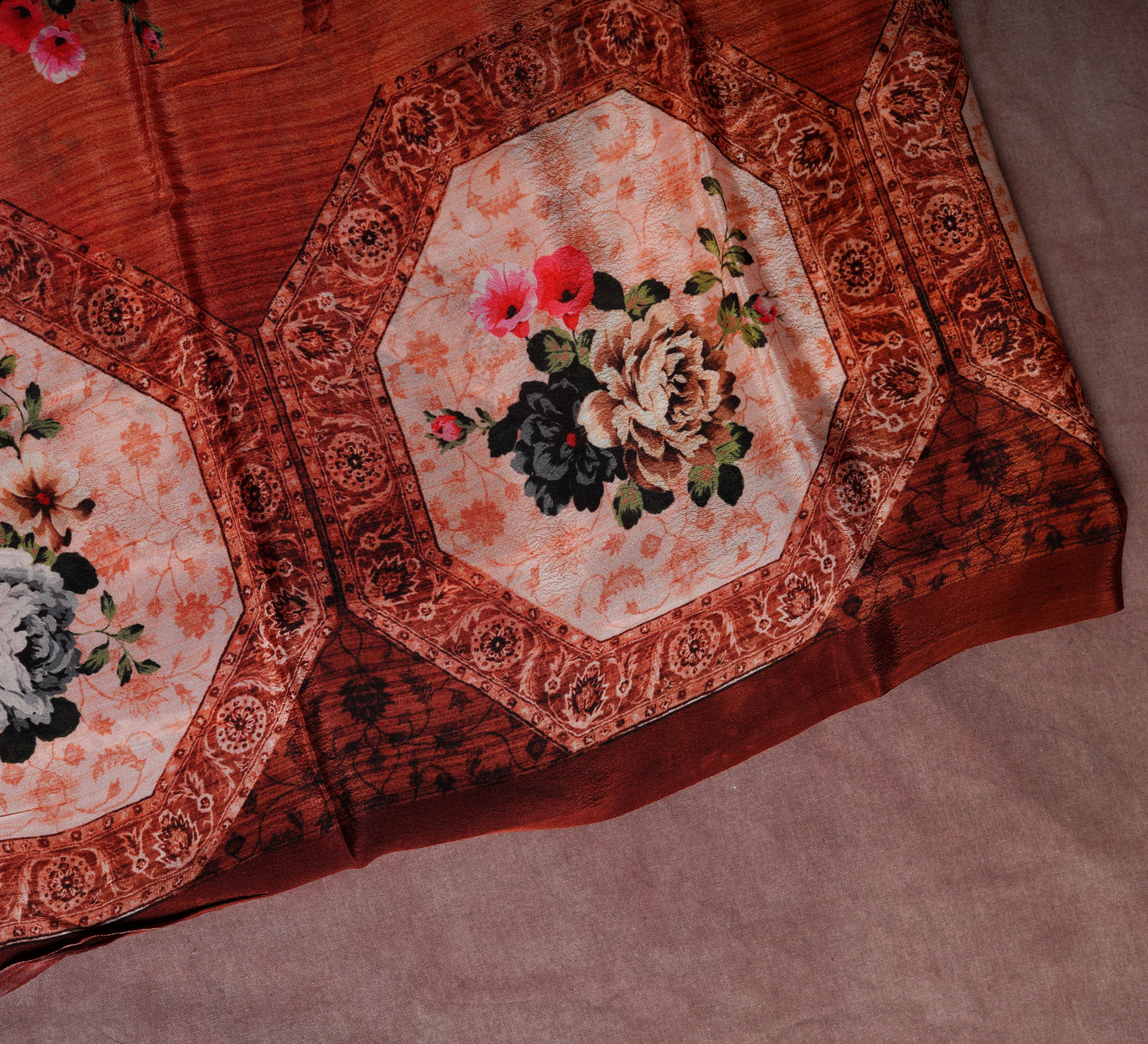 Heritage Blooms Handloom Brown Crepe Saree & Blouse