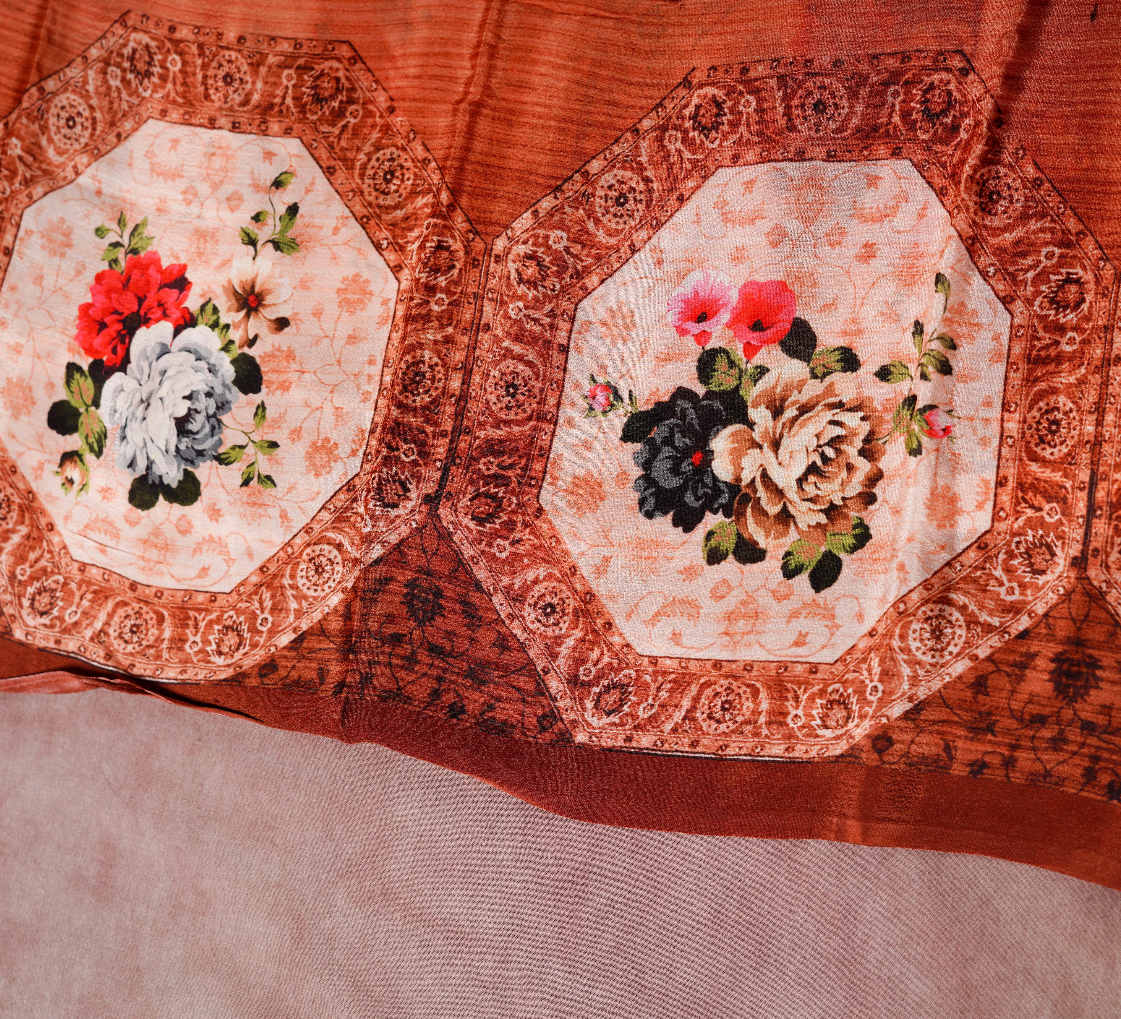 Heritage Blooms Handloom Brown Crepe Saree & Blouse
