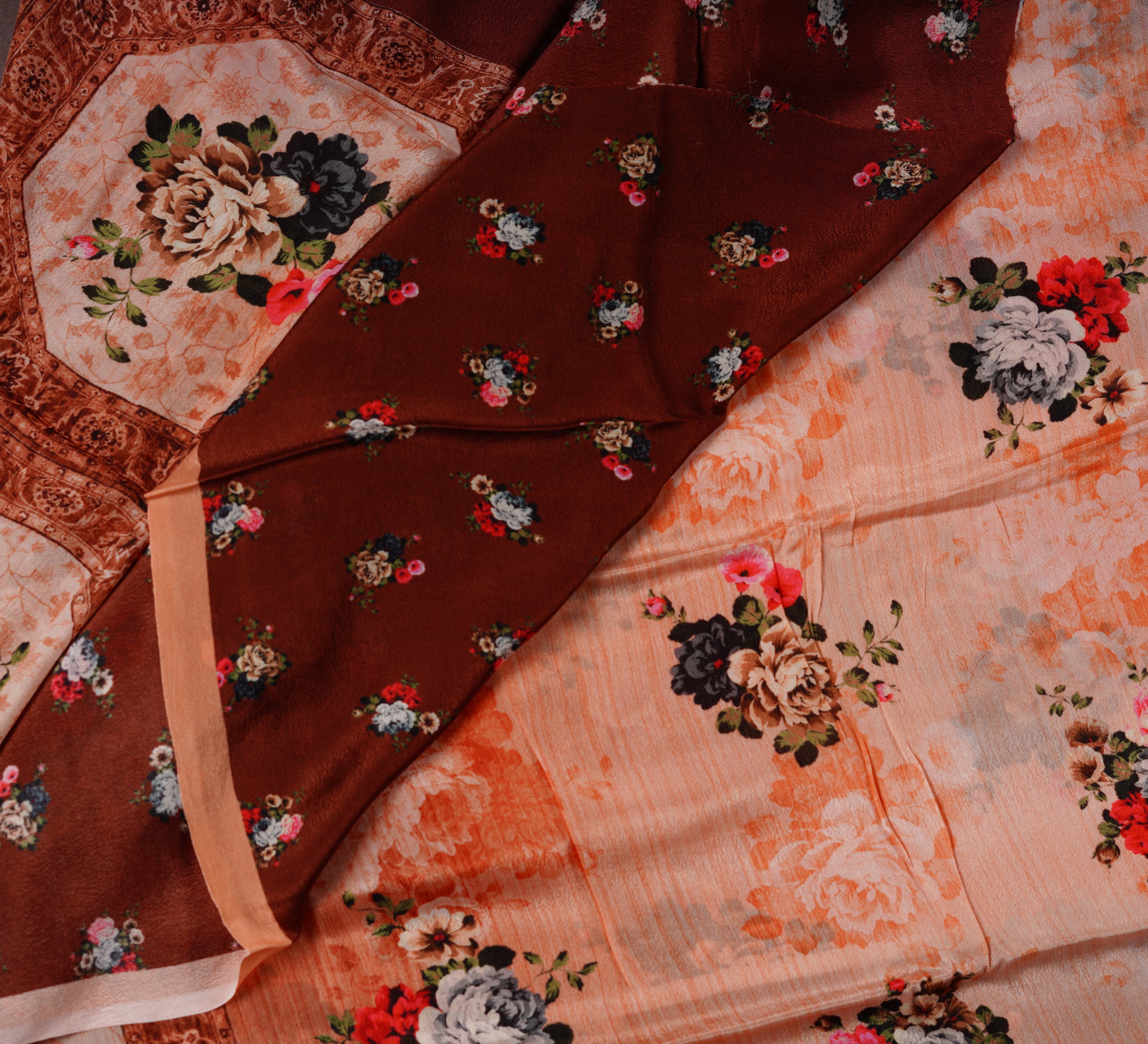Heritage Blooms Handloom Brown Crepe Saree & Blouse