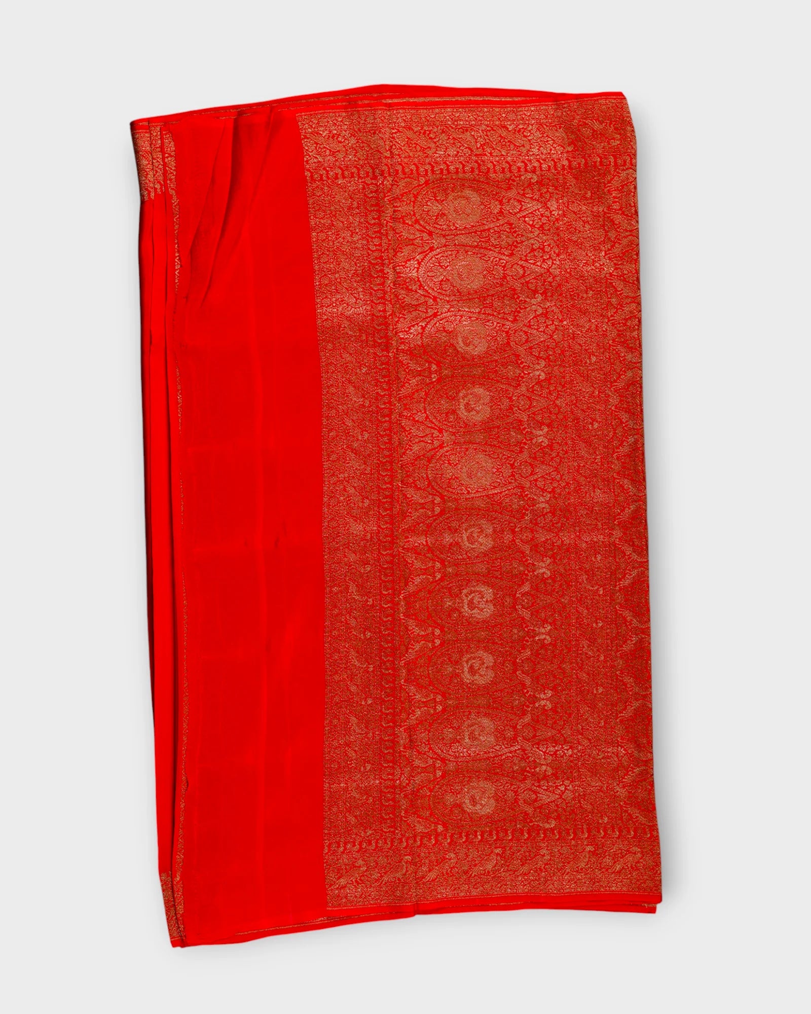 Red Georgette Banaras Saree With Peacock Art