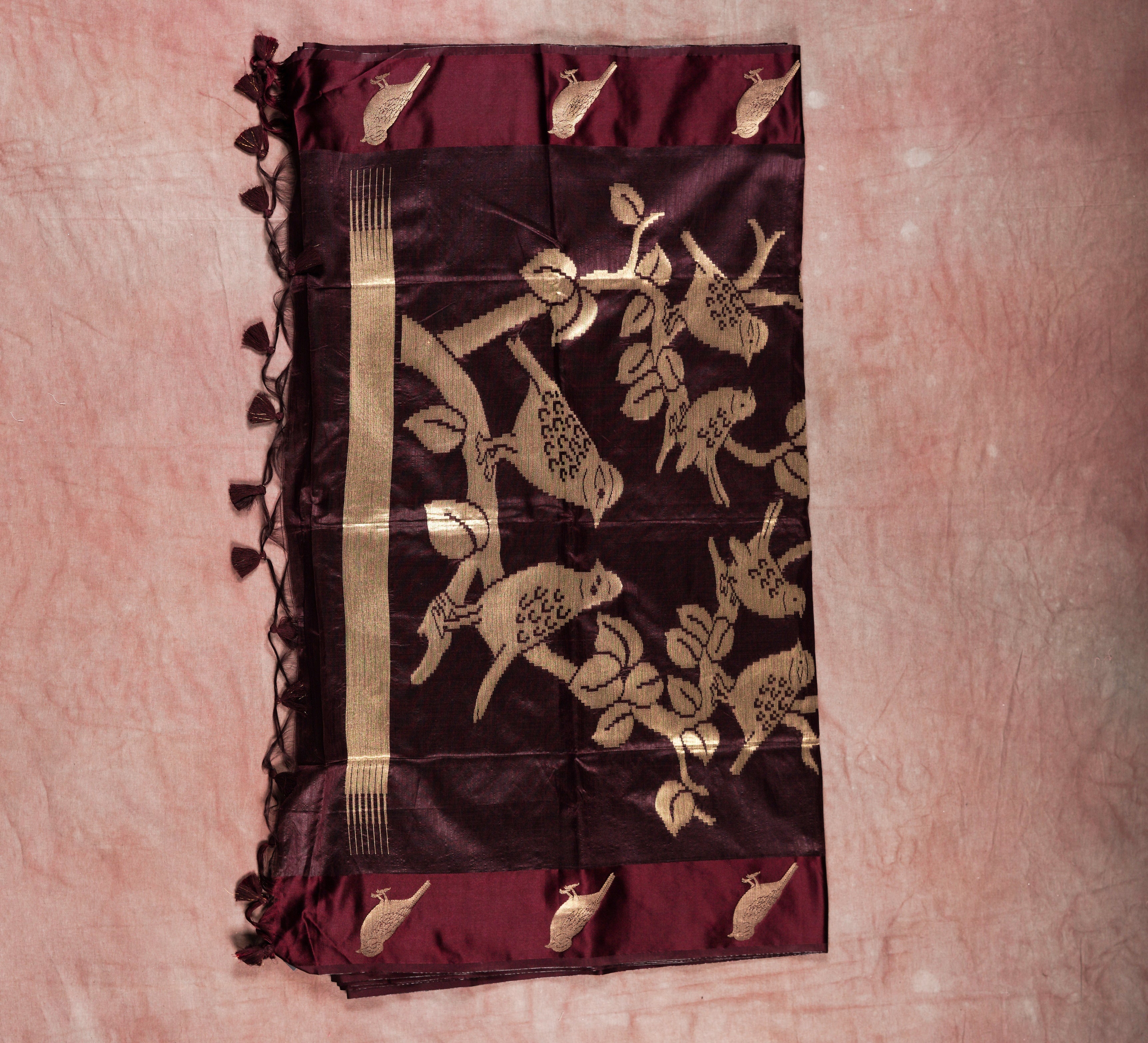 Cherish Heritage Dark Brown Katan Silk Saree with Bird Motif