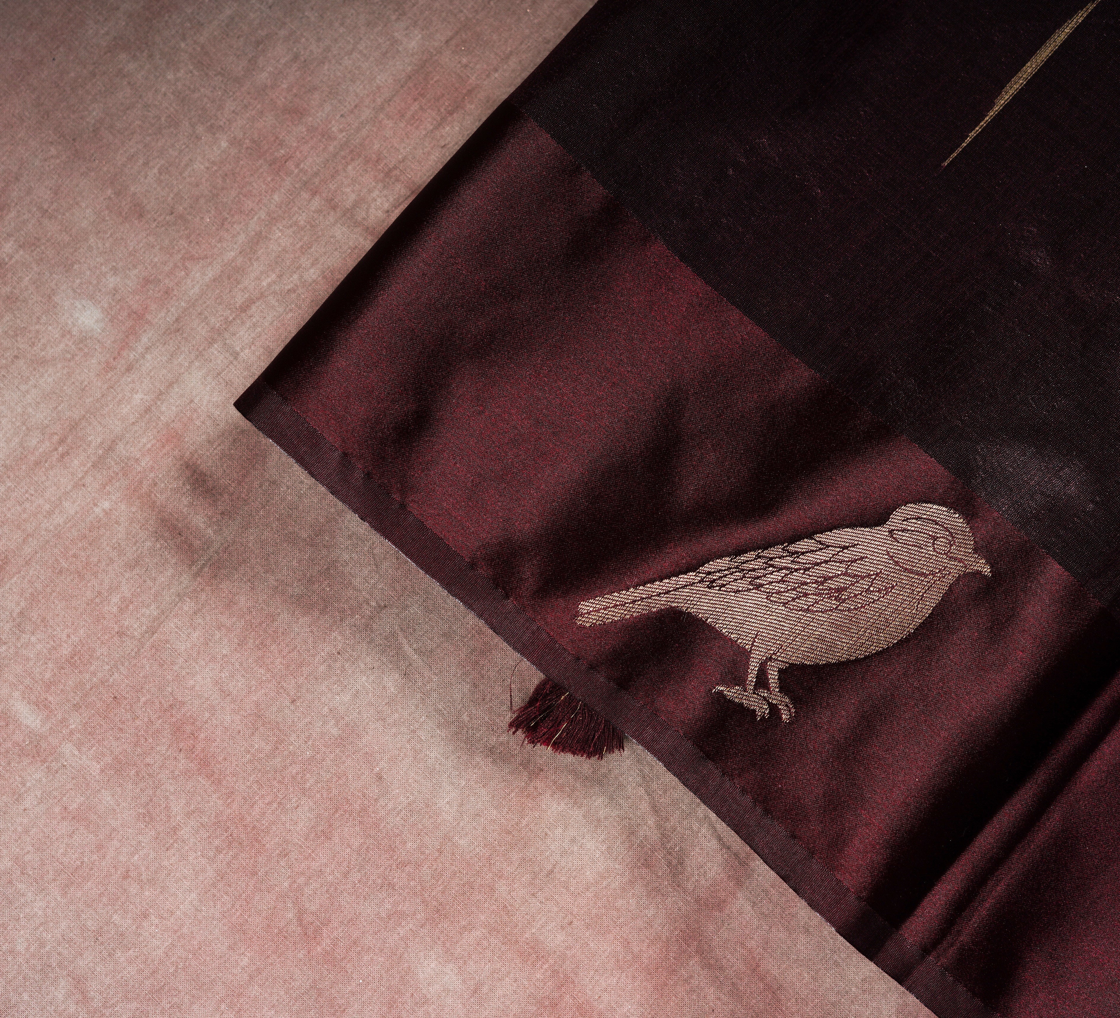 Cherish Heritage Dark Brown Katan Silk Saree with Bird Motif