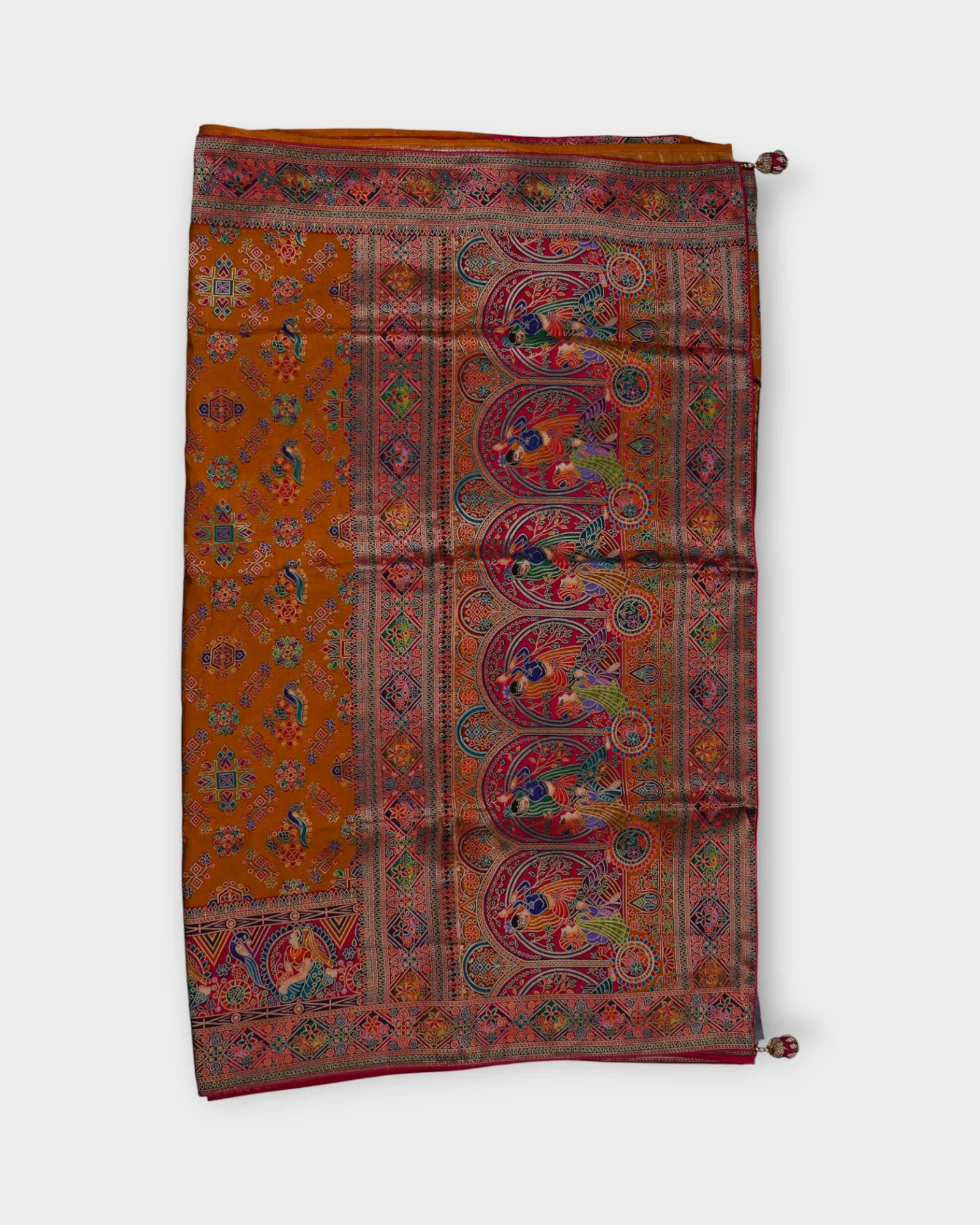 Orange Dola Silk Saree with Vibrant Peacock Design